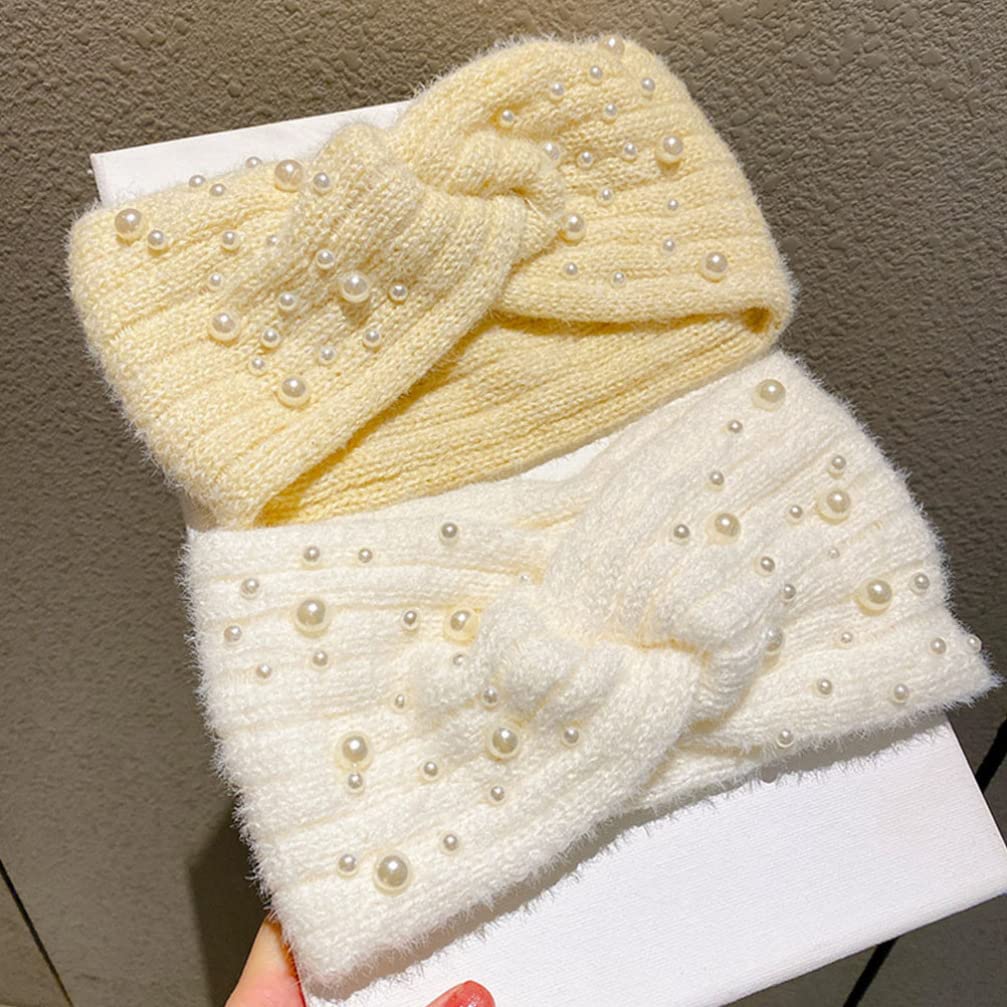 GALPADA Women's Pearl Winter Headband - Fuzzy Crochet Ear Warmer Headband for Women & Girls - Thick Cable Knit Warm Head Wrap for Cold Weather (White) | Perfect for Skiing, Snowboarding & Outdoor Winter Activities
