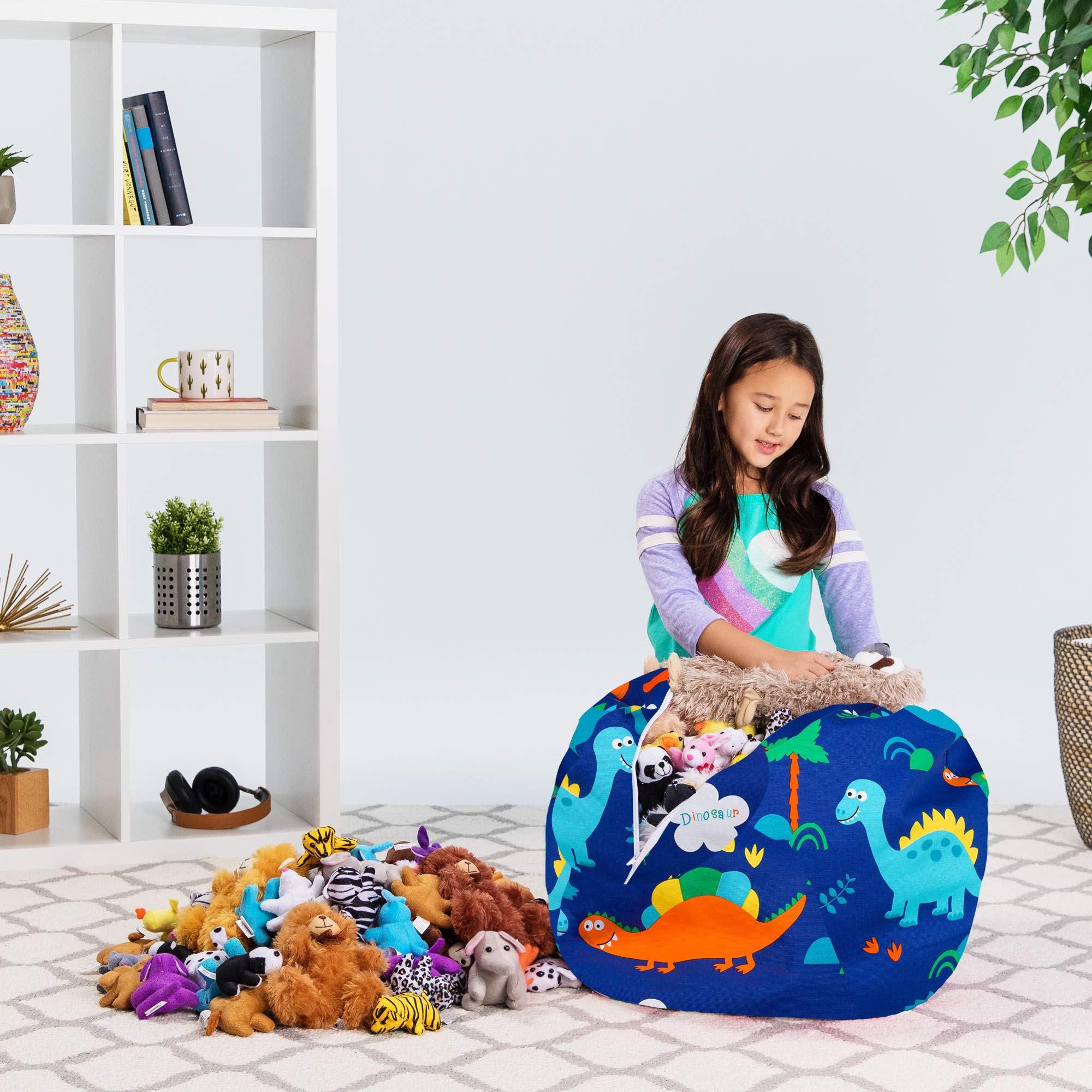 Posh Kids Stuffed Animal Storage Bean Bag Chair Cover - Dinosaur Toy Organizer for Children, Medium (27 Inches) - Blue Canvas Fabric | Perfect for Playroom, Bedroom & Nursery Organization