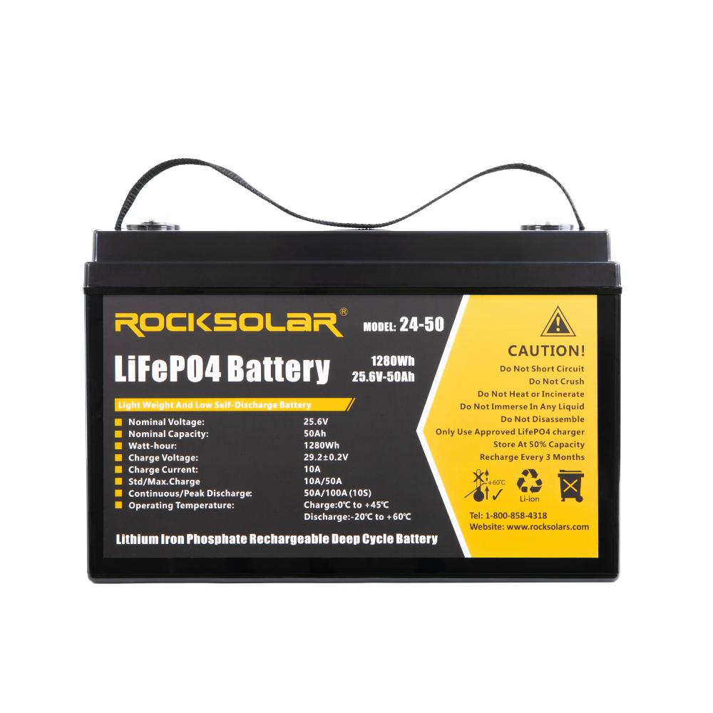 ROCKSOLAR 24V 50Ah LiFePO4 Deep Cycle Lithium Battery for Solar Power, RV, Marine, Off-Grid & Backup Power - Long Lasting Rechargeable Battery Pack