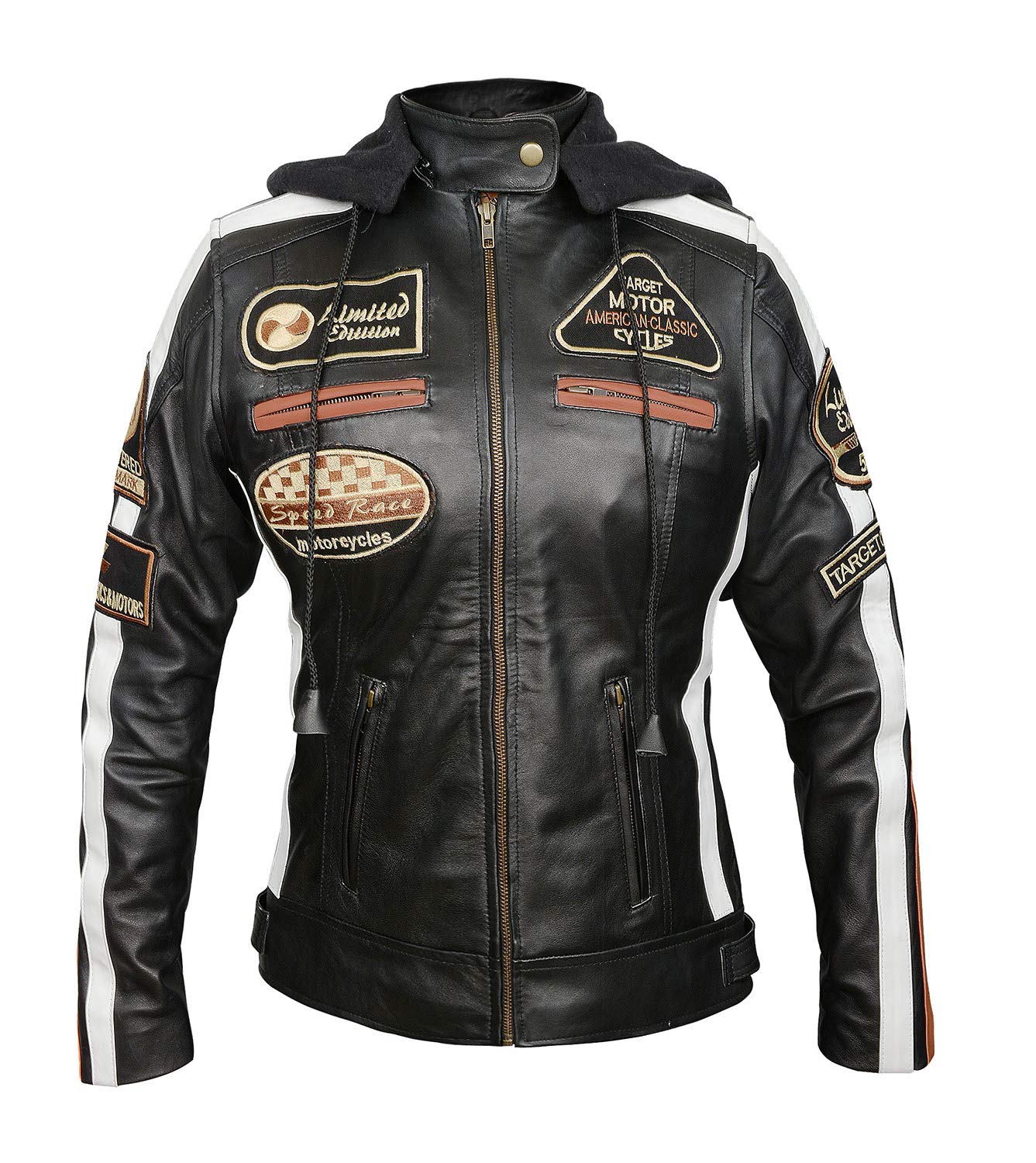 Vintage Women's Motorcycle Jacket with Armor - Genuine Leather Padded Biker Jacket with Retro Badges & Logos - Perfect for Riding, Fashion & Outdoor Adventures