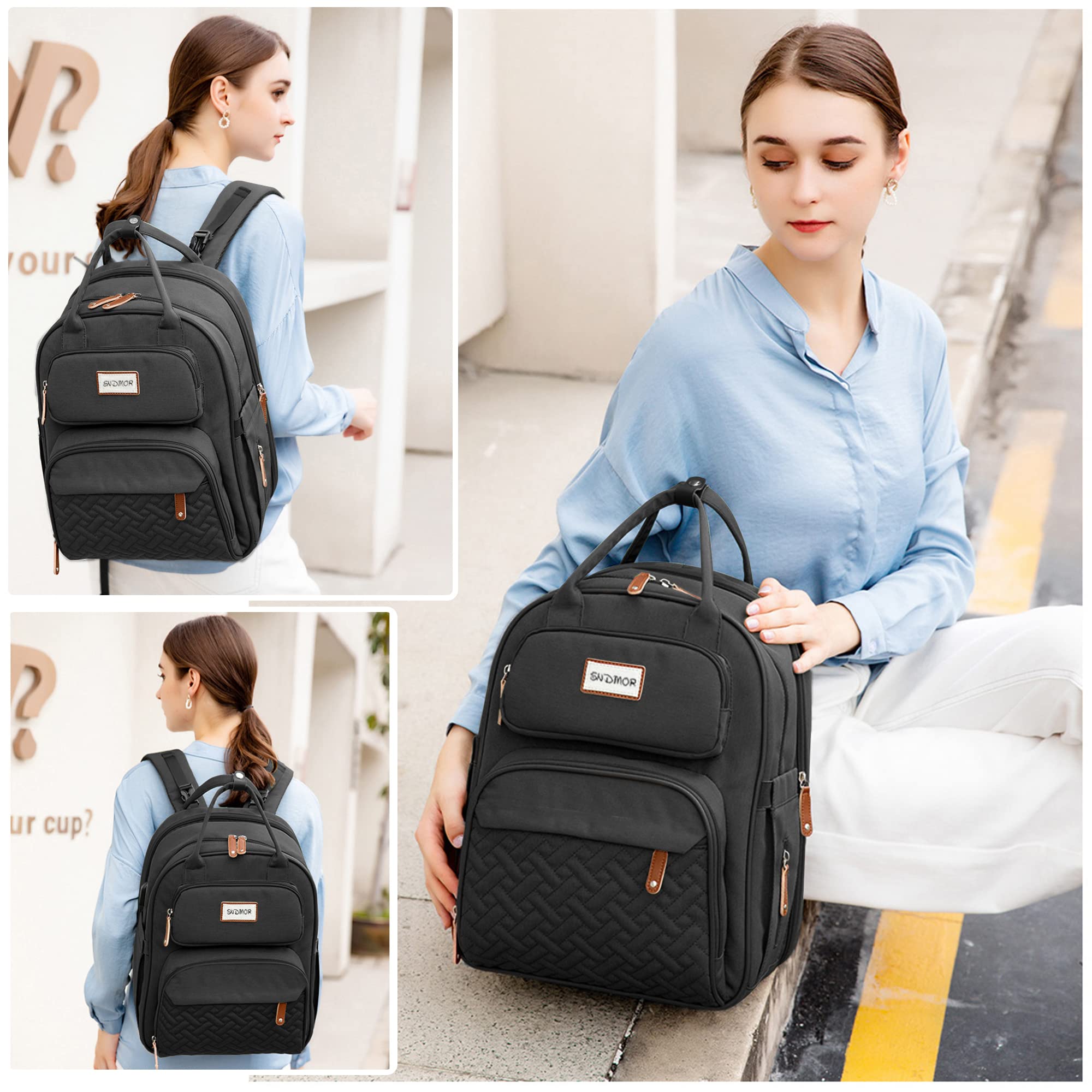 SNDMOR Large Baby Diaper Backpack - Waterproof Travel Diaper Bag with Foldable Changing Pad & Multiple Pockets, Stylish Black Diaper Bag for Moms - Perfect for Daycare, Outings & Family Trips