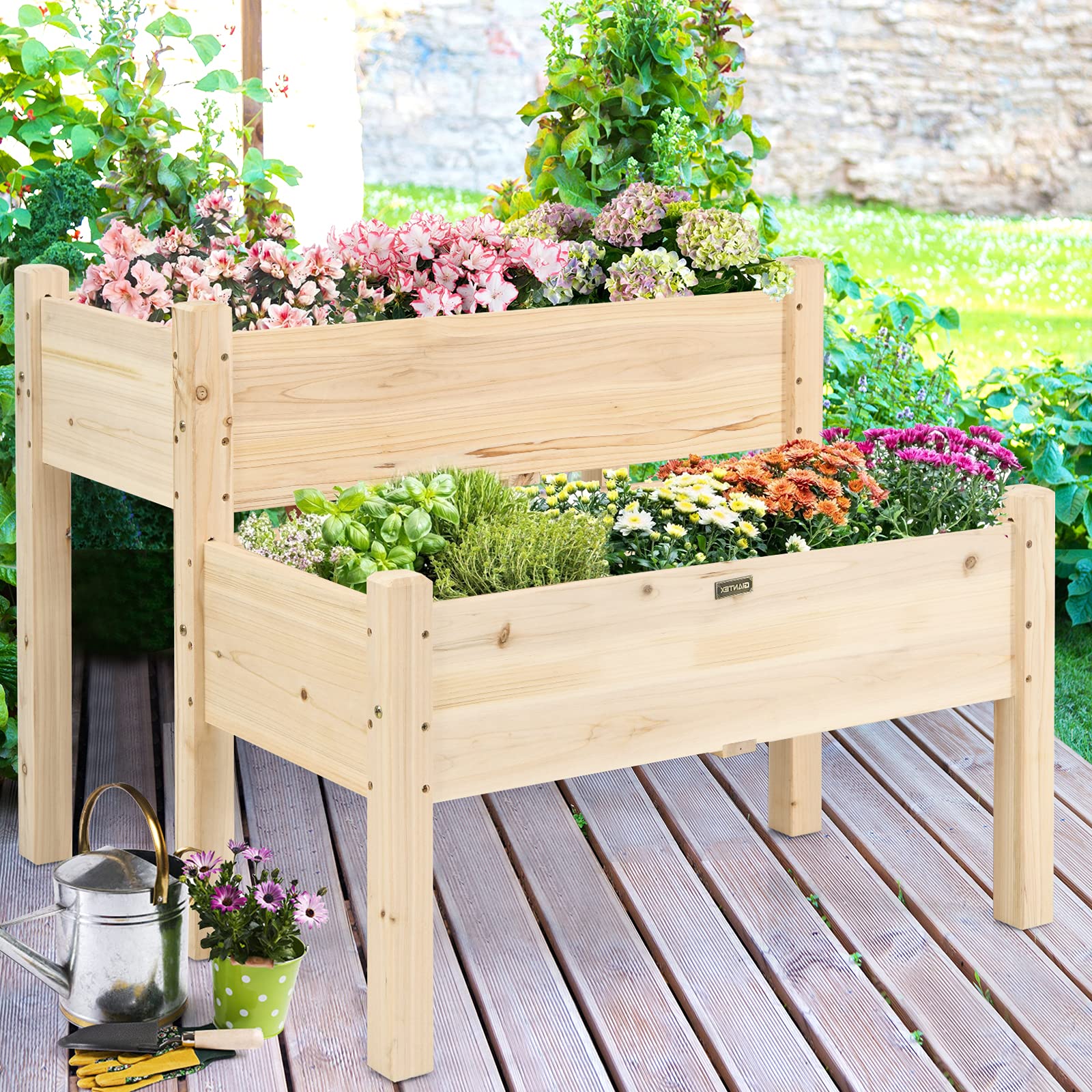 Giantex Set of 2 Raised Garden Beds - Elevated Wood Planter Box Kit for Flowers, Vegetables, Fruits & Herbs - Outdoor Planting Containers for Patio, Balcony, Yard & Backyard Gardening (Natural Wood) - Perfect for Small Space Gardening & Urban Farming