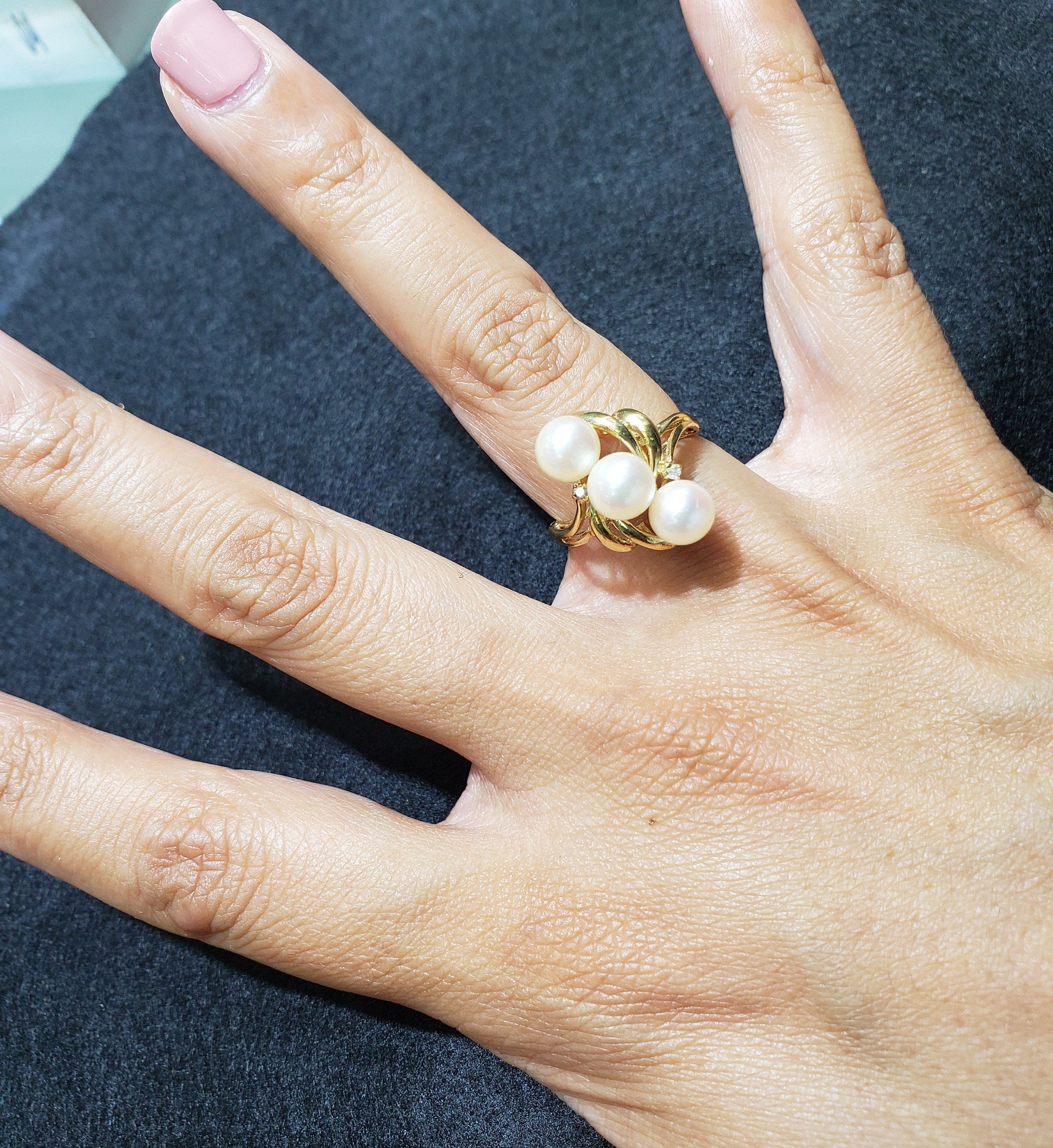 14K Yellow Gold Three Pearl Diagonal Cluster Ring with Diamond Accents - Elegant Jewelry for Weddings, Anniversaries & Special Occasions