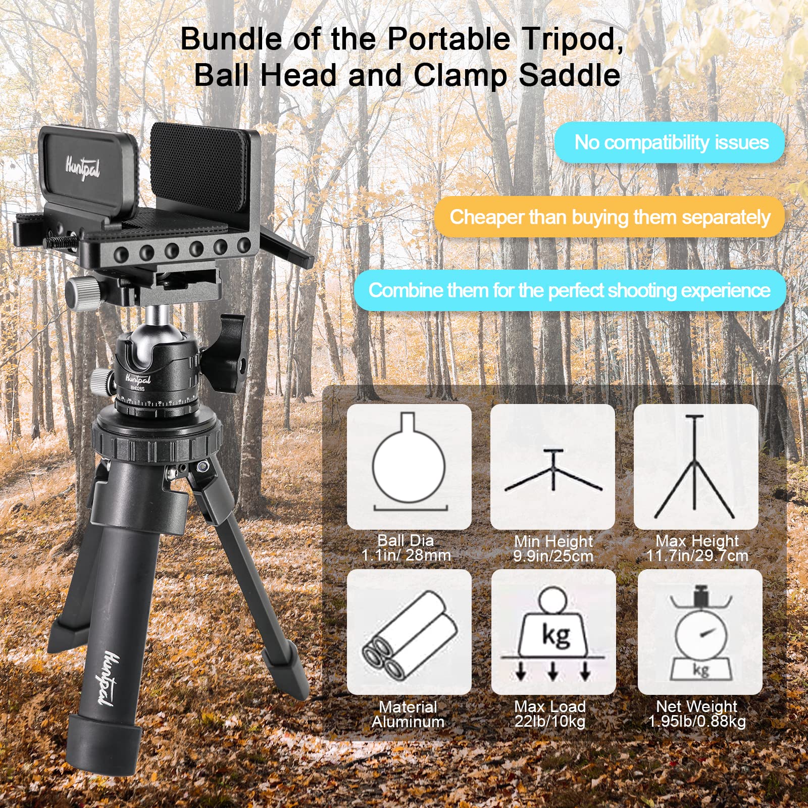 HUNTPAL Portable Rapid Shooting Tripod with Ball Head Mount - Aluminum Rifle Saddle Clamp & Arca Swiss Quick Release Plate for Hunting, Shooting Sticks, and Gun Rest - Perfect for Outdoor Hunting, Target Practice, and Wildlife Photography