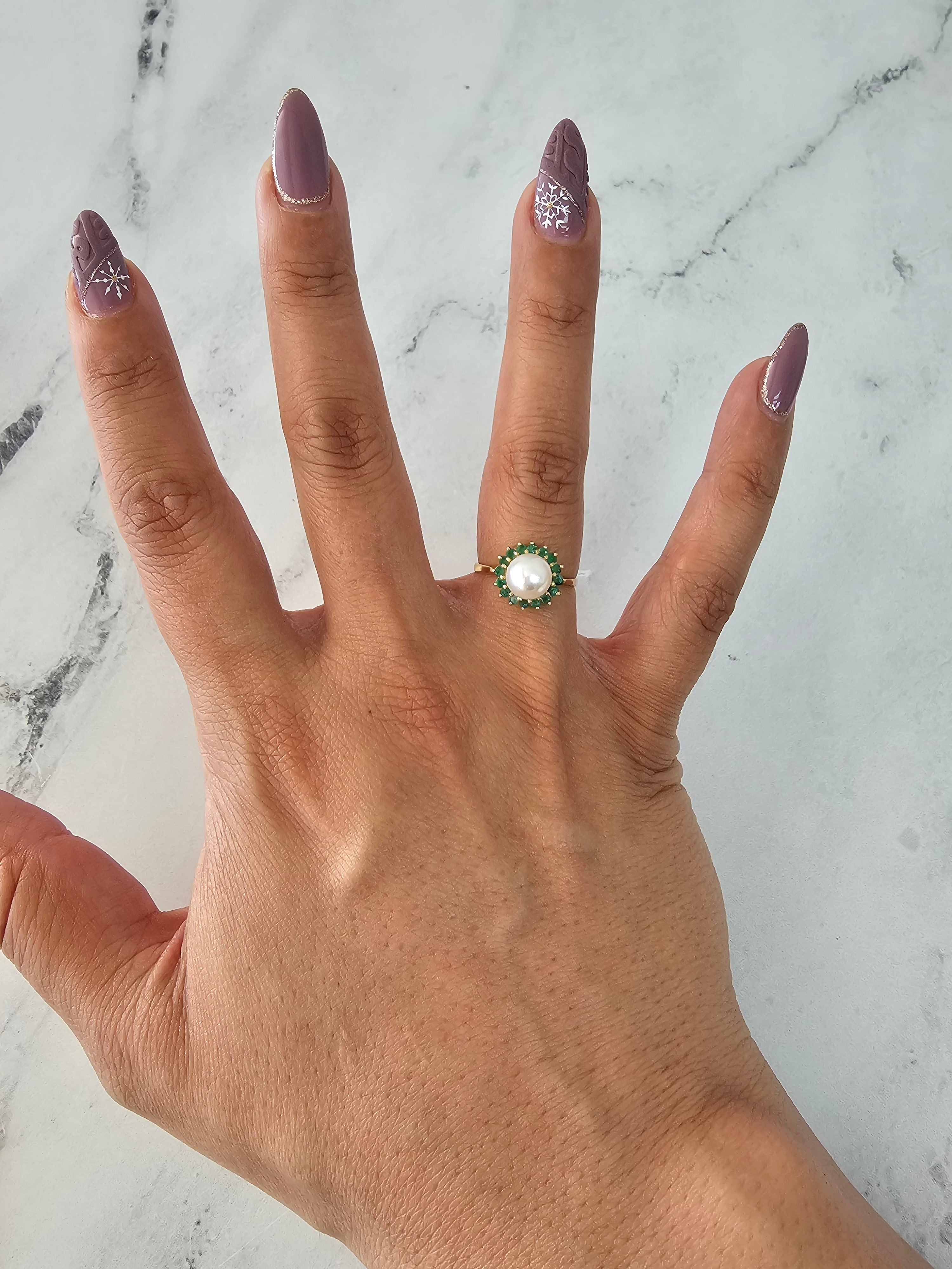 14k Yellow Gold Pearl & Emerald Halo Ring | Elegant Vintage Jewelry for Women | Perfect for Weddings, Anniversaries & Special Occasions