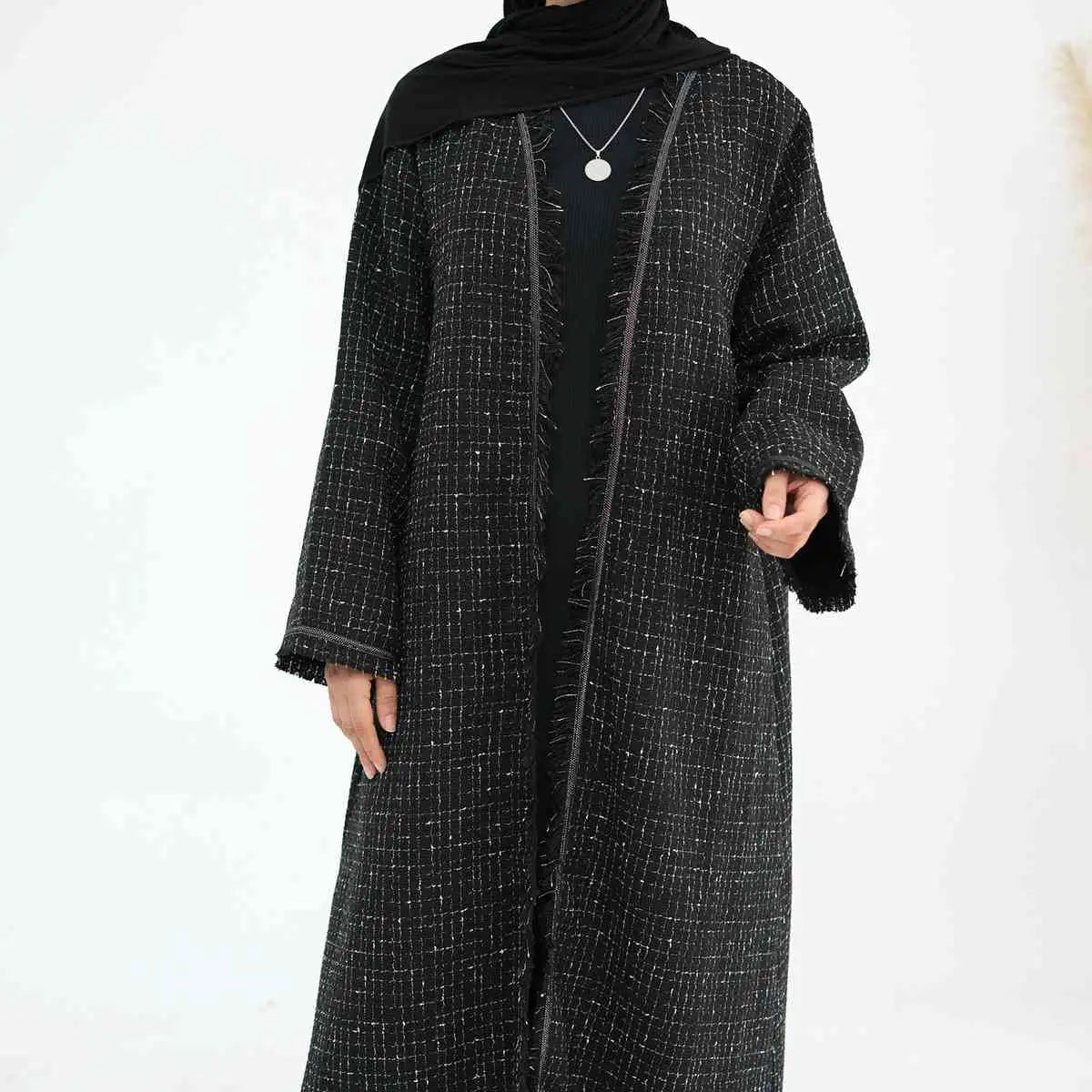 Winter Fall Thick Tassel Tweed Cardigan Open Abaya Coat - Women's Fashion Outerwear for Cold Weather, Layering & Modest Style