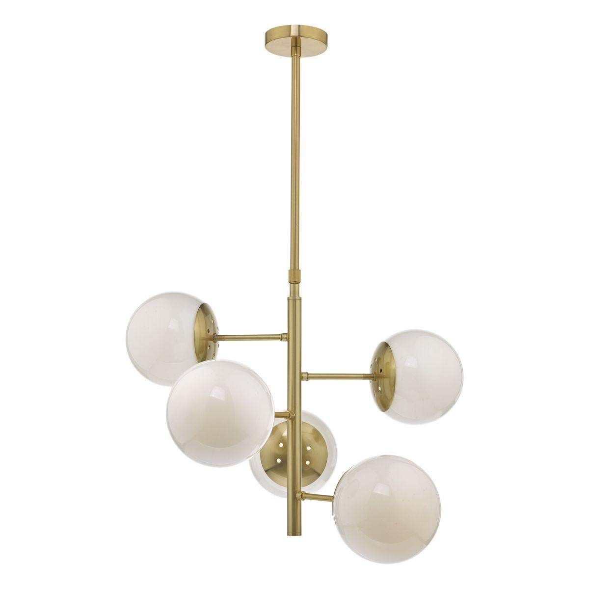 Bombazine 5Lt Natural Brass & Opal Glass Pendant Light Fixture - Vintage Industrial Ceiling Lighting for Dining Room, Kitchen, or Bedroom