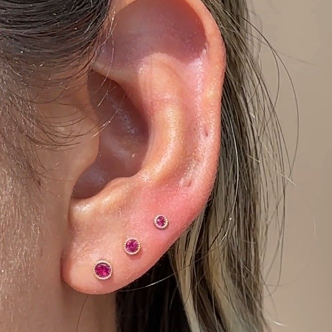 14k Solid Yellow Gold Ruby Flat Back Stud Earrings with Milgrain Detail - Perfect for Everyday Wear & Special Occasions