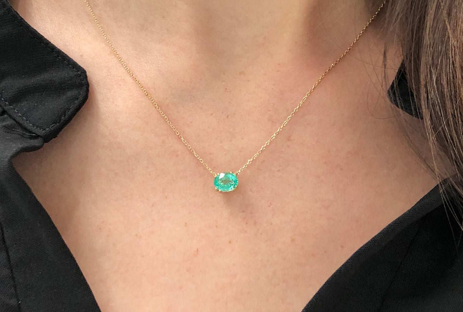 1.0 Carat East-West Zambian Emerald Necklace in 14K Gold - Transparent Clarity for Elegant Occasions & Gift Giving