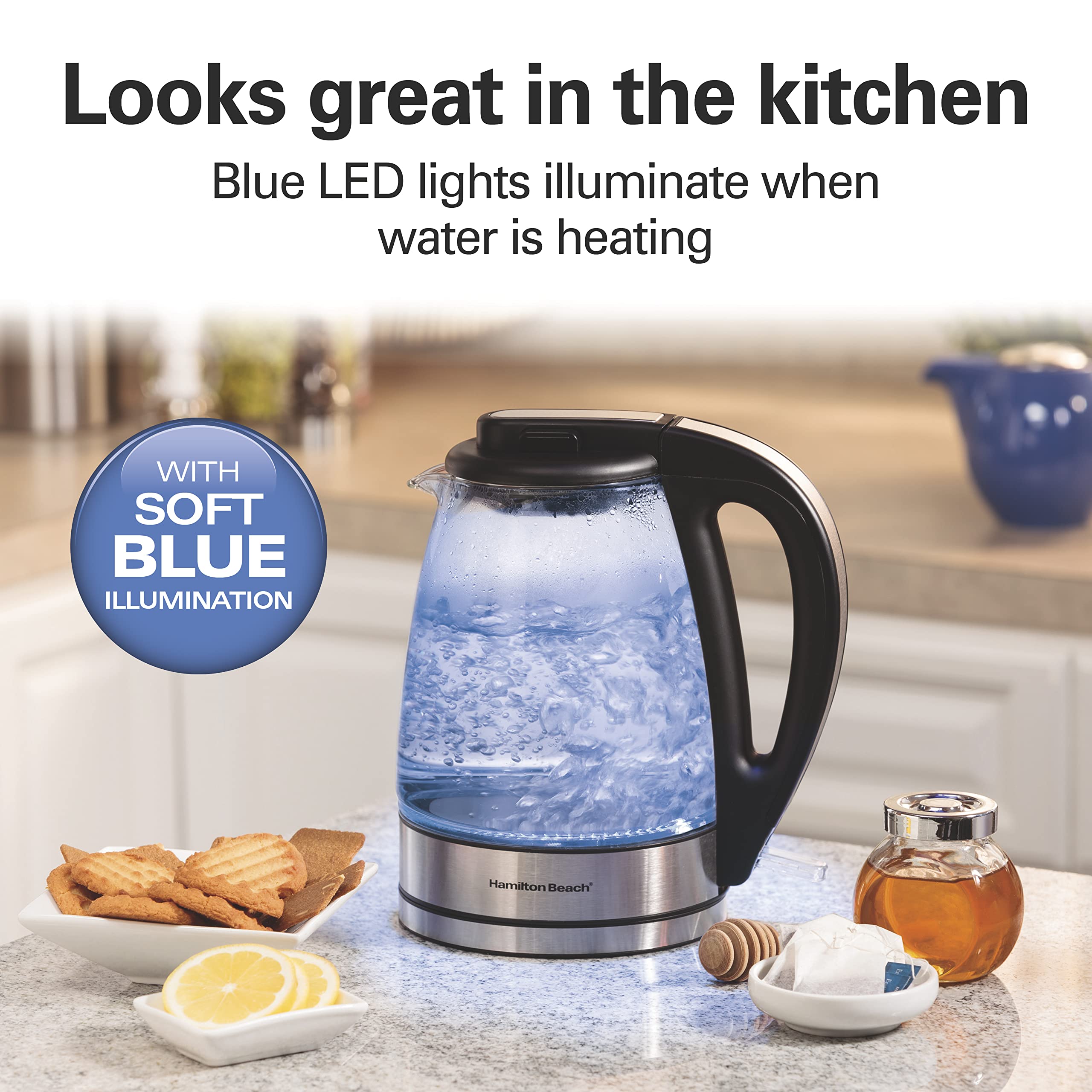 Hamilton Beach 1L Glass Electric Tea Kettle - Cordless Water Boiler with LED Indicator, Auto Shut-Off & Boil-Dry Protection (40930C) - Perfect for Home, Office & Dorm Use - Fast Boiling for Tea, Coffee & Instant Meals