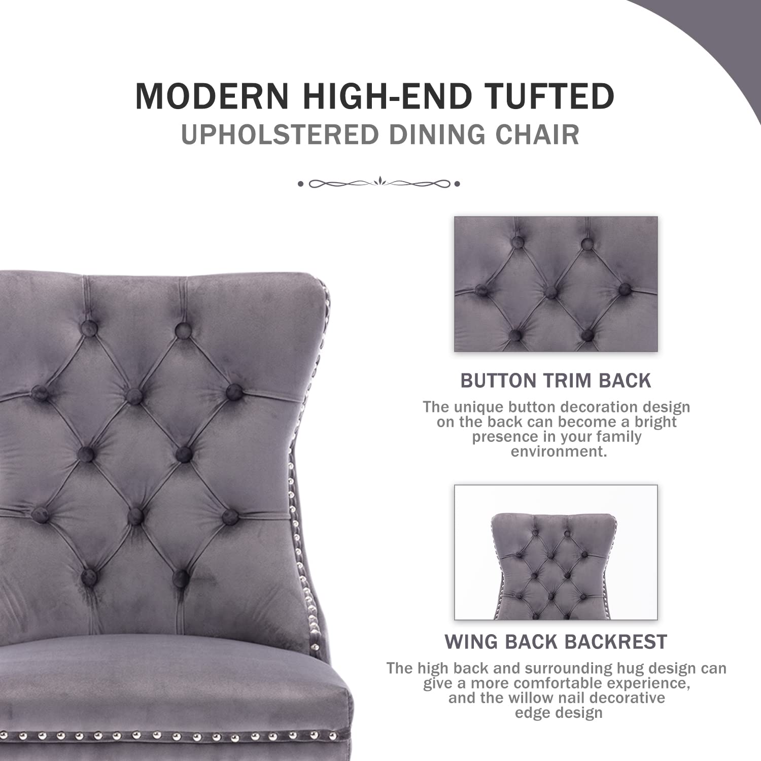 Kiztir Velvet Dining Chairs Set of 4 - Upholstered Luxury Tufted Chairs with Ring Pull Trim & Button Back - Elegant Gray Dining Room Chairs for Kitchen, Living Room & Bedroom | Perfect for Home Decor, Dinner Parties & Cozy Gatherings
