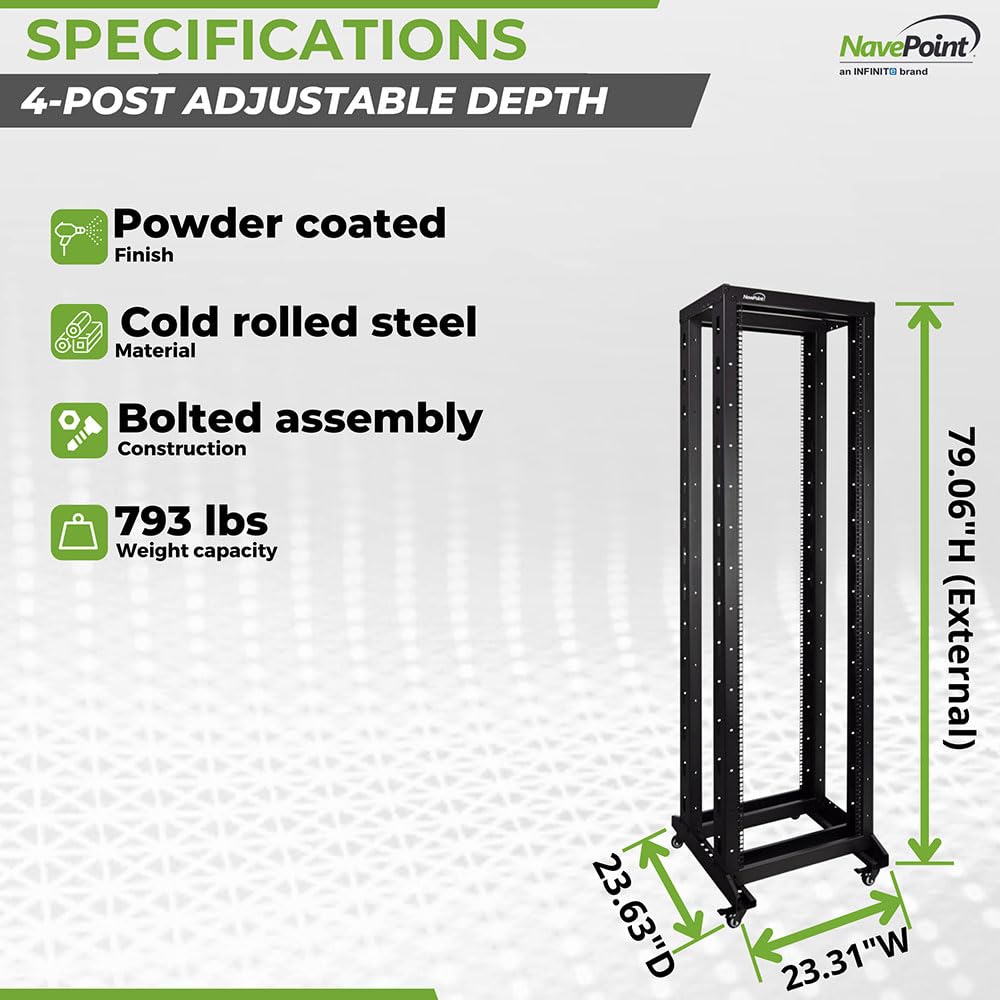NavePoint 7ft Open Frame 19 Inch 42U 4-Post Server Rack with Casters - Heavy Duty Network Equipment Rack for Data Center, Server Room & IT Infrastructure (Rolling Design for Easy Mobility)