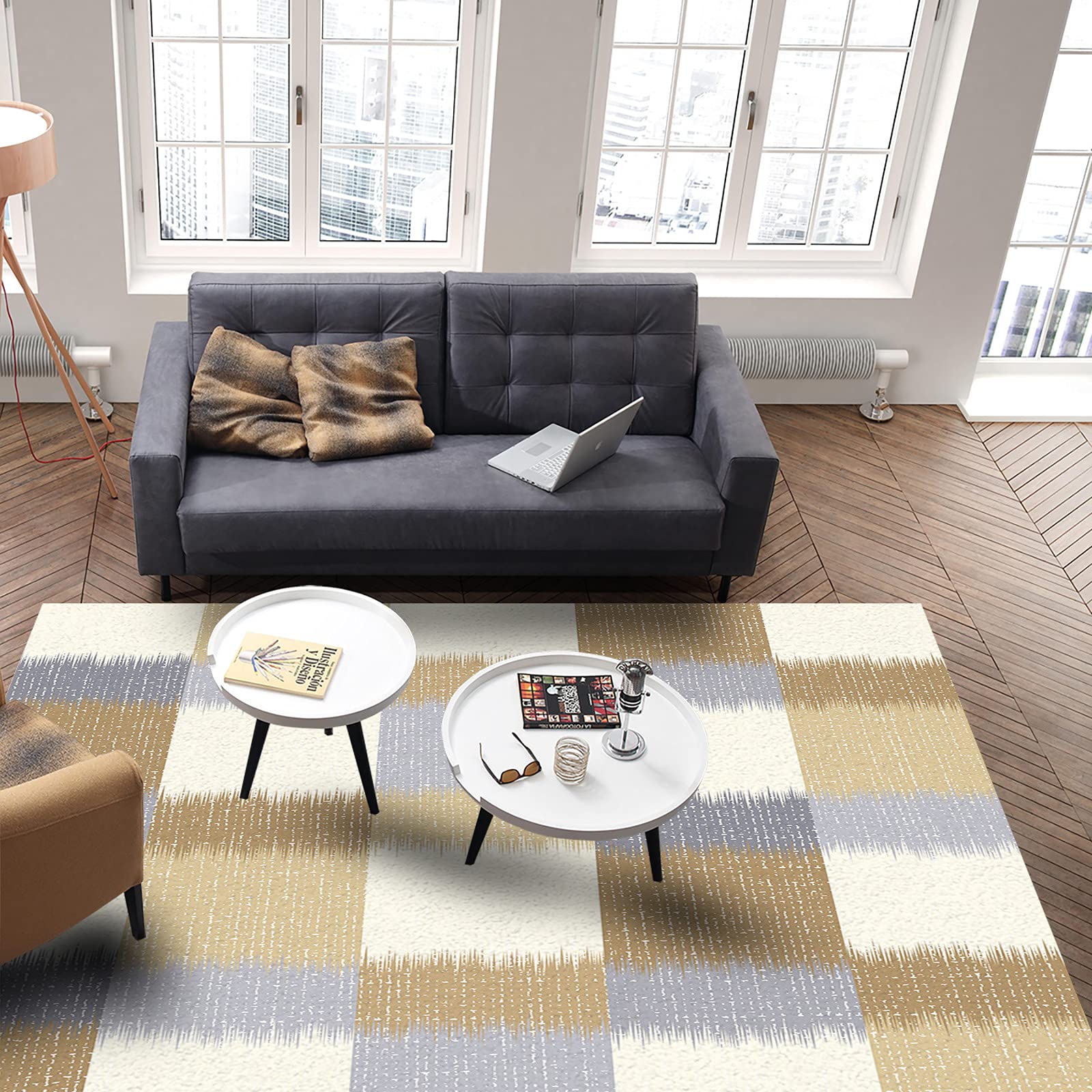 4'x7' Abstract Beige Plaid Area Runner Rug - Modern Washable Carpet for Indoor/Outdoor Use - Perfect for Kitchen, Living Room, Bathroom, Bedroom, Classroom & Laundry Room - Non-Slip Doormat & Welcome Mat with White Backing