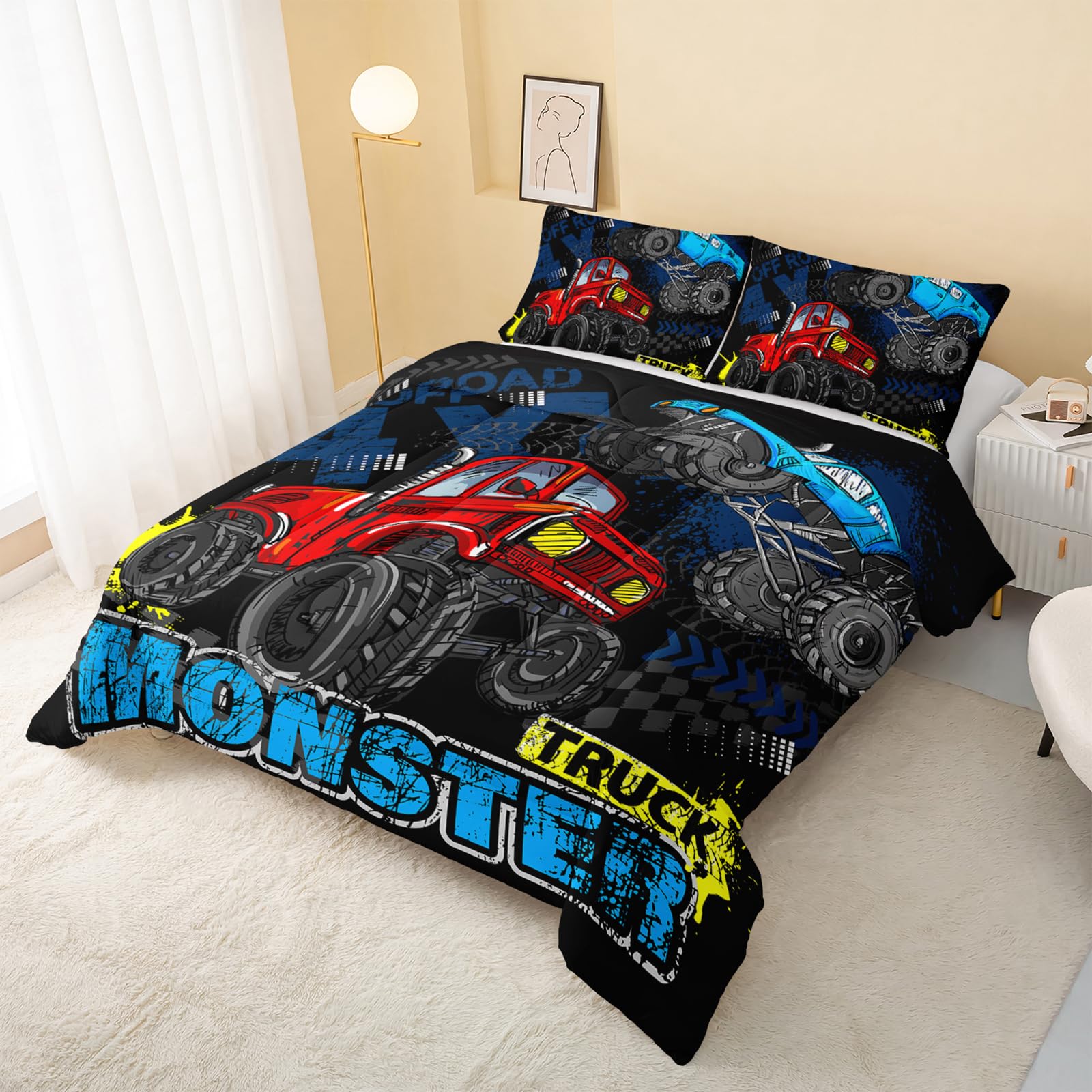 QOOMO Truck Comforter Set for Kids & Teens - Cars Themed Twin Size Bedding, 3 Piece Microfiber Comforter with 2 Pillowcases - Soft, Lightweight & Breathable - Perfect for Boys' Bedroom, Dorm Room or Sleepovers (Black)