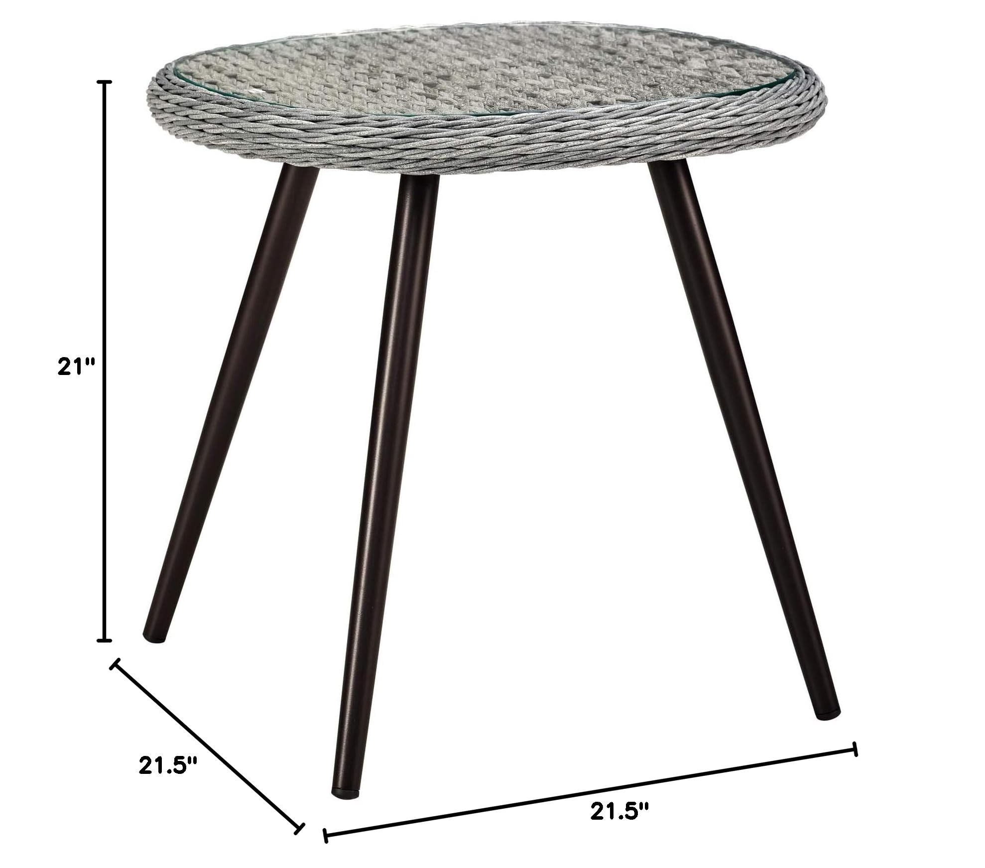 Modern Outdoor Patio Side Table - Grey Rattan Wicker Glass Top Coffee Table for Balcony, Lounge, Garden & Poolside Decor