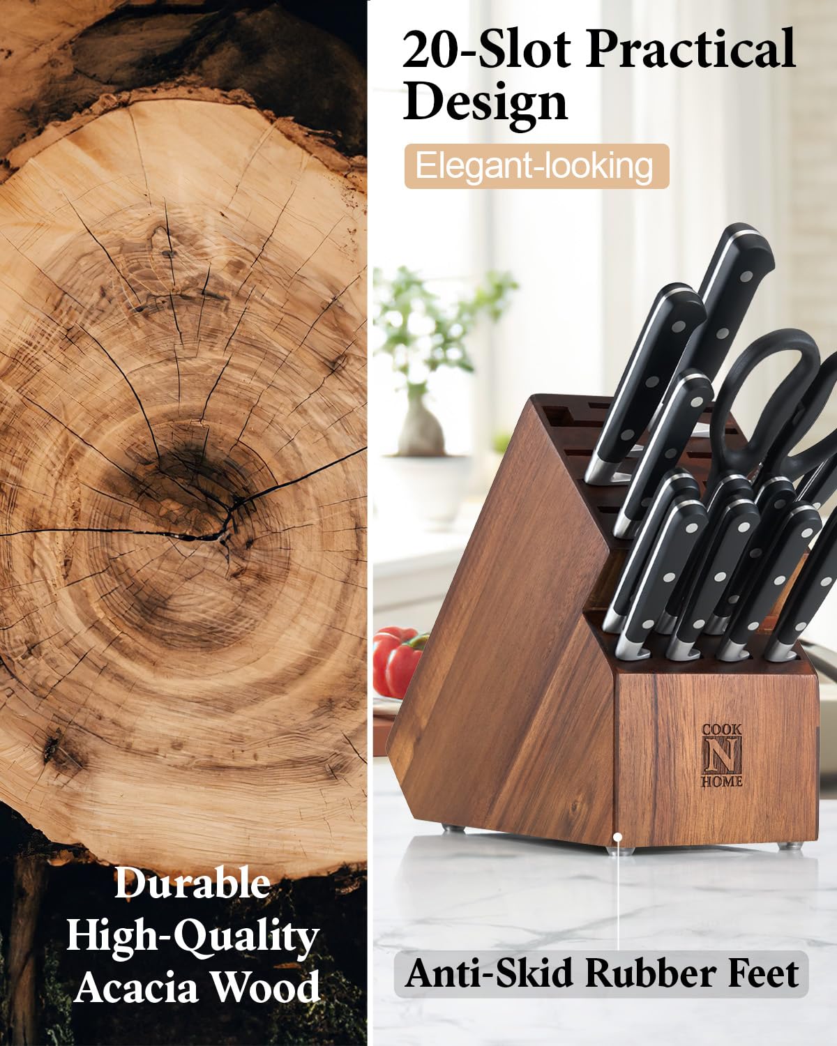 Cook N Home 20-Slot Acacia Wood Knife Block - Universal Countertop Knife Holder & Butcher Block Stand for Kitchen Storage | Perfect for Chefs, Home Cooks & Kitchen Organization