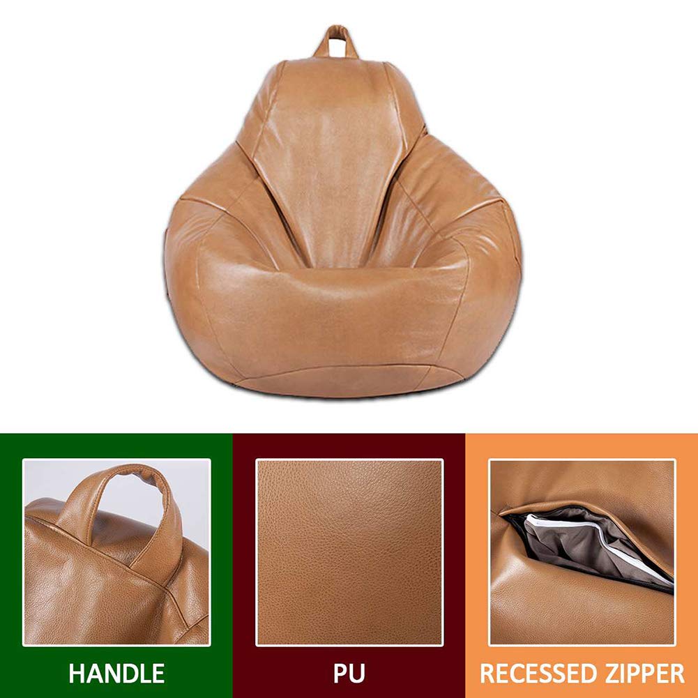 Waterproof PU Leather Bean Bag Chair Cover Without Filling - XL Khaki Gaming Beanbag Slipcover for Indoor & Outdoor Use | Perfect for Kids & Adults in Living Room, Game Room or Patio