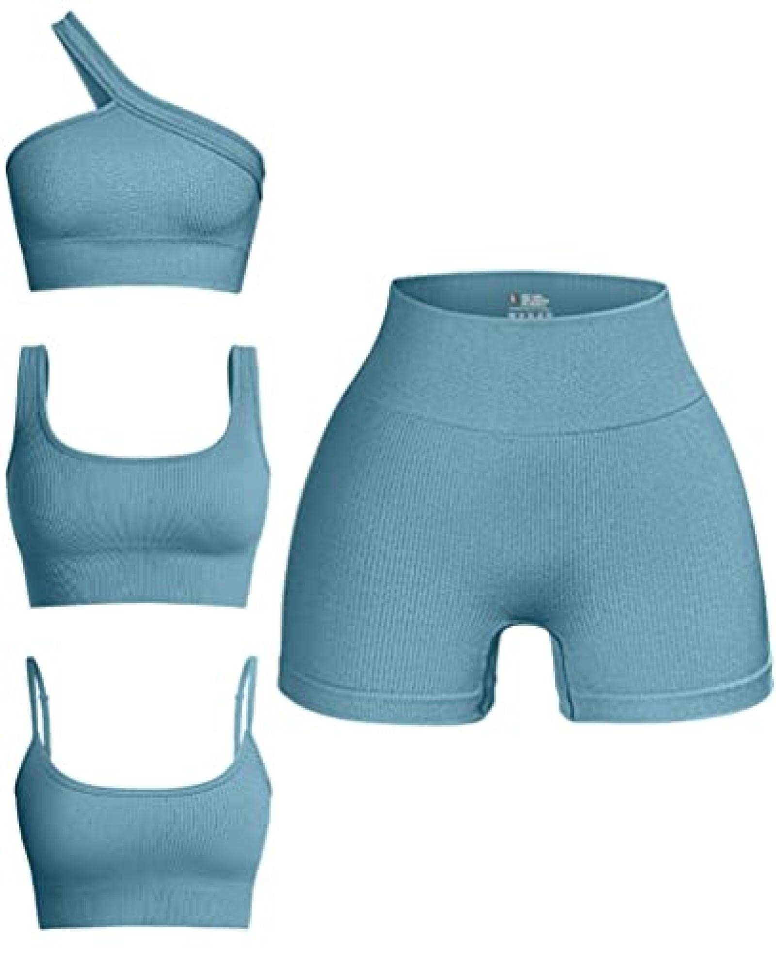 Dervivea OQQ Women's 4-Piece Ribbed Seamless Workout Outfit Set - Scoop Neck Sports Bra, One Shoulder Top & High Waist Shorts - Medium Blue - Perfect for Gym, Yoga & Running