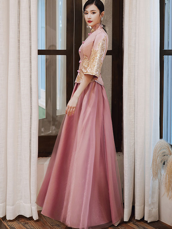 Elegant Pink and Gray Bridesmaid Dresses for Wedding - Traditional Chinese Xiu He Qun Kwa Outfit - Perfect for Bridal Party, Tea Ceremony, and Cultural Celebrations