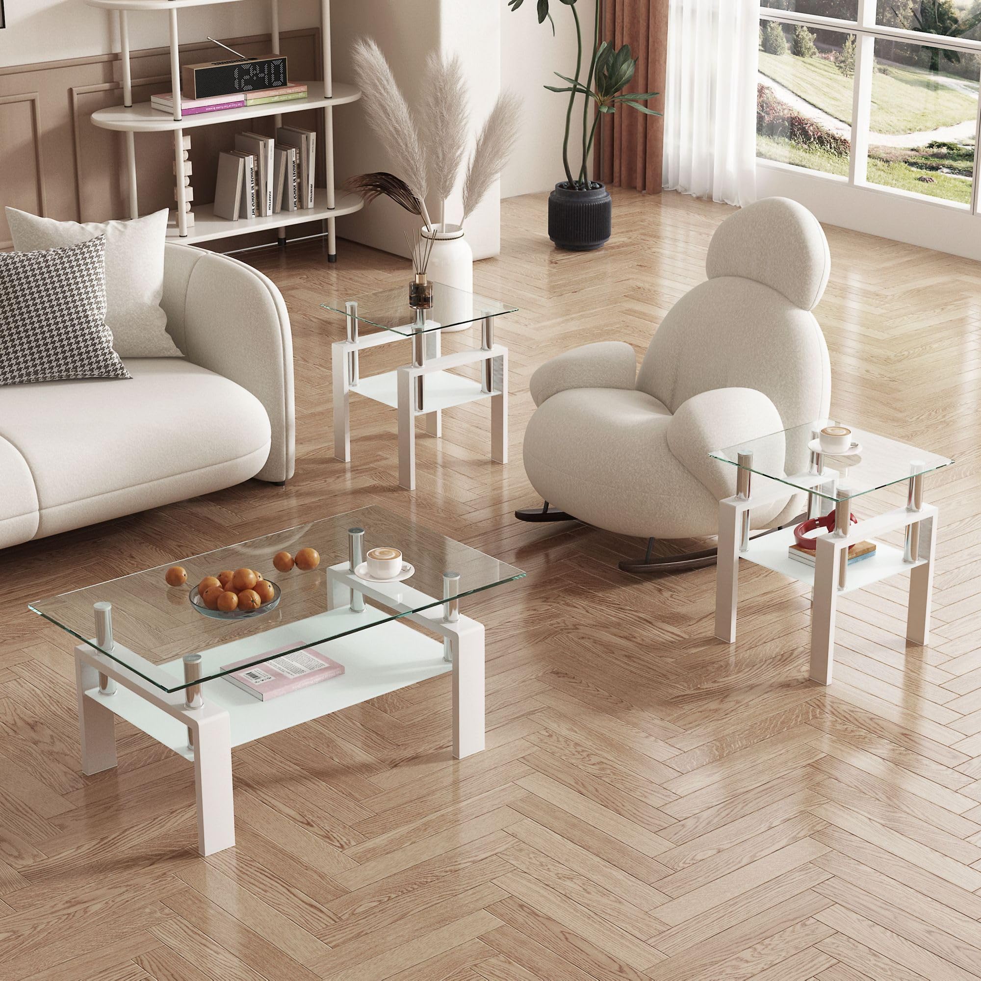IANIYA Modern 3-Piece Tempered Glass Coffee Table Set - White Sleek Design Living Room Furniture with High Capacity - Perfect for Small Spaces, Apartments & Contemporary Home Decor