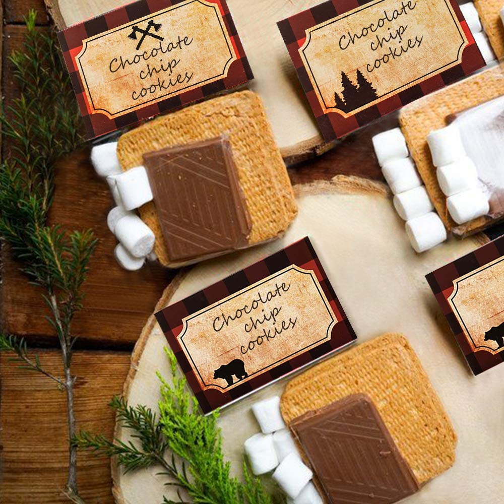 Lumberjack Party Place Cards - Buffalo Plaid Food Tents & Labels for Woodland Baby Shower Decorations | Rustic Wedding, Birthday Party & Themed Event Supplies