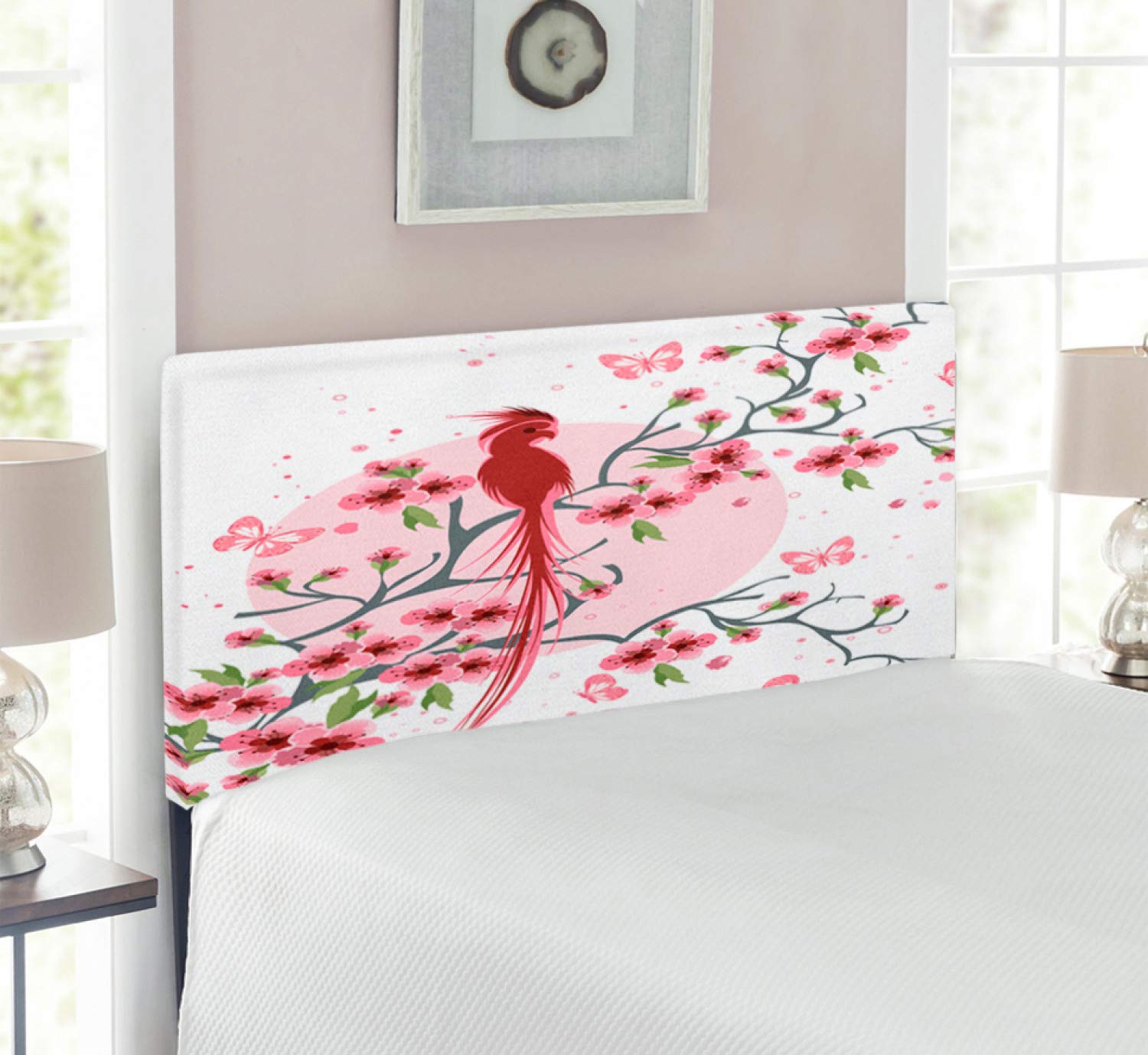 Ambesonne Japanese Phoenix Bird Floral Sakura Headboard - Twin Size Pink Upholstered Metal Bed Frame with Memory Foam - Mythical Long-Lived Phoenix Artwork - Perfect for Bedroom Decor, Asian-Themed Interiors & Zen Home Design