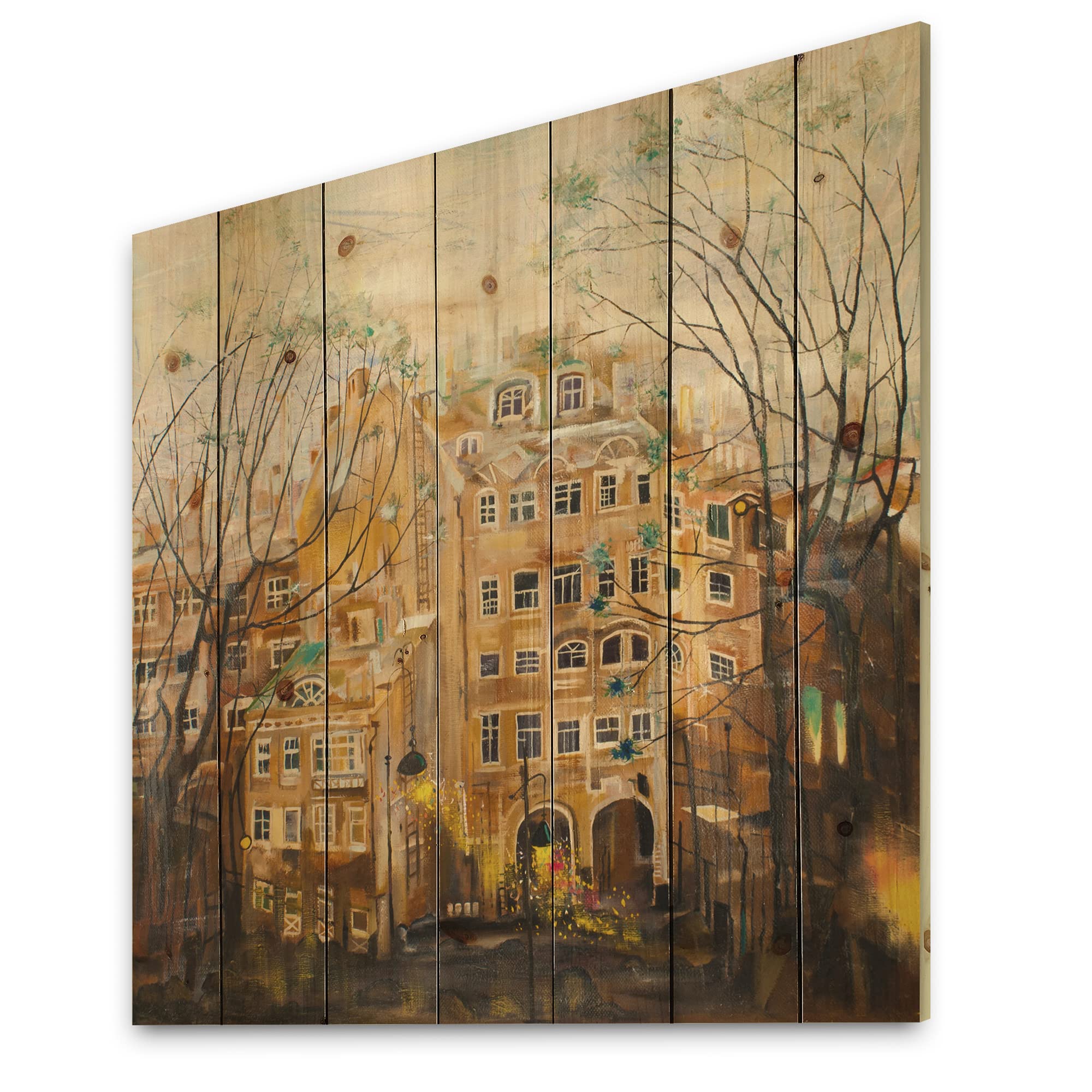 DesignQ Russian City Yard Traditional Wood Wall Decor - Large Beige Wood Wall Art with Cityscapes Printed on Natural Pine - Perfect for Living Room, Bedroom & Office Decor