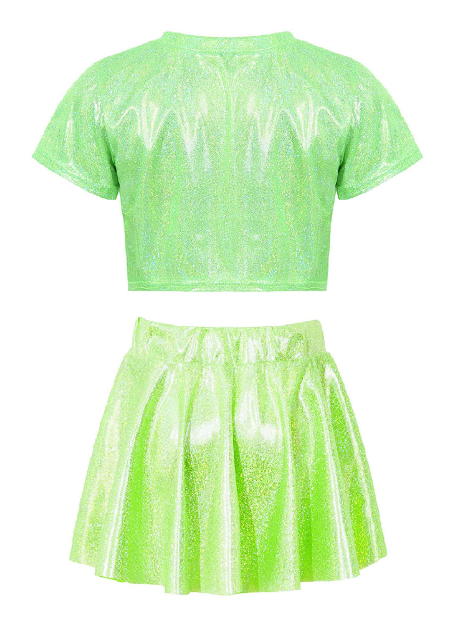 TiaoBug Girls Metallic Crop Top & Shiny Skort Set - Hip Hop Dancewear, Ballet Jazz Outfit, Playwear for Kids