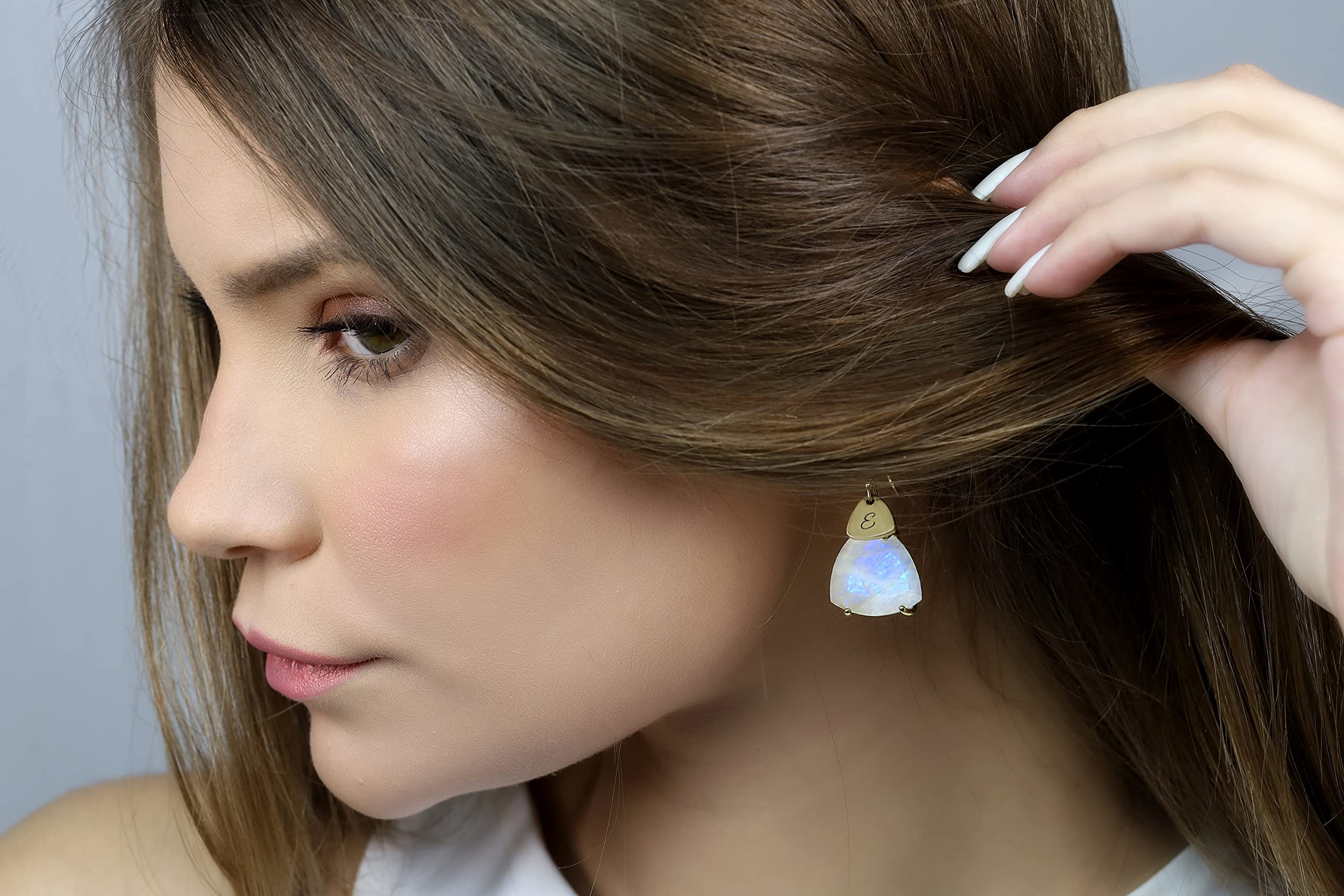 Rainbow Moonstone Coin Engraved Gold Dangle Statement Earrings - Personalized Initial Name Jewelry - June Birthstone Gemstone Gift for Women - Perfect for Weddings, Anniversaries & Special Occasions