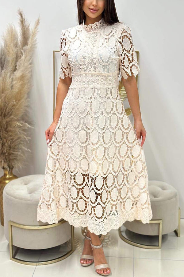 Elegant Crocheted Cutout Lace Short Sleeve Stand Collar Midi Dress - Perfect for Summer Weddings, Beach Vacations & Boho Fashion