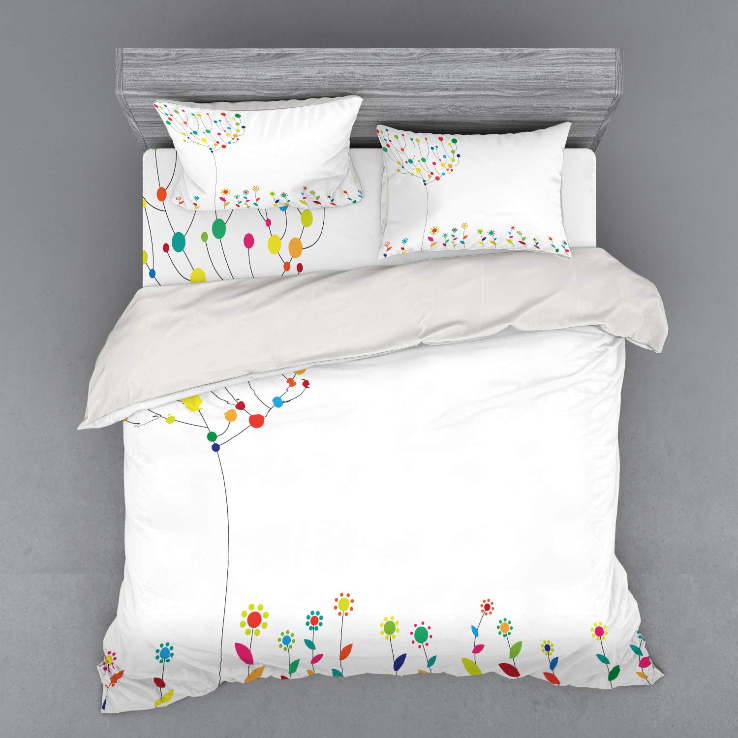 Ambesonne Floral Bedding Set - King Size 4-Piece Duvet Cover with Shams & Fitted Sheet, Vibrant Spring Print of Funky Ground Flowers and Circular Tree Blossoms in Multicolor | Perfect for Bohemian Bedroom Decor and Seasonal Refresh