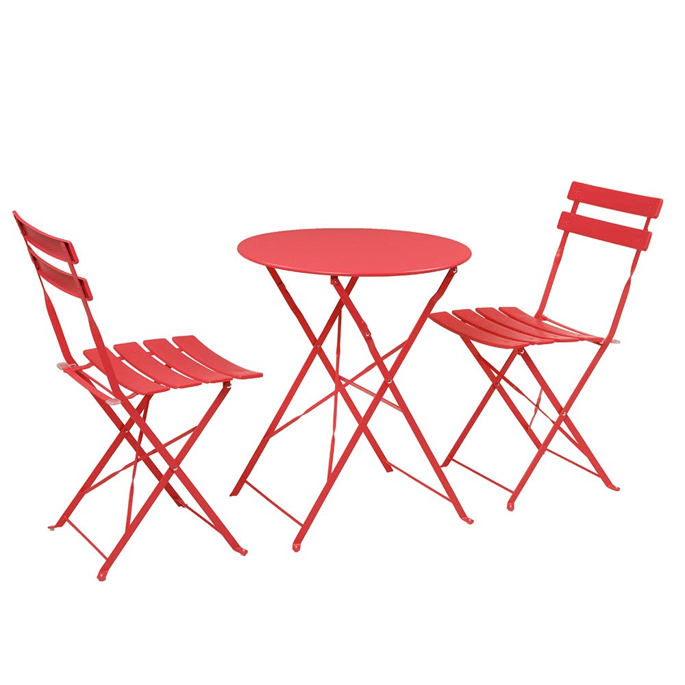 Premium 3-Piece Foldable Steel Outdoor Dining Set - Round Table & Chairs for Patio, Balcony, Garden, Lawn, Porch | Weather-Resistant Red Leisure Furniture for Dining, Relaxing & Social Gatherings