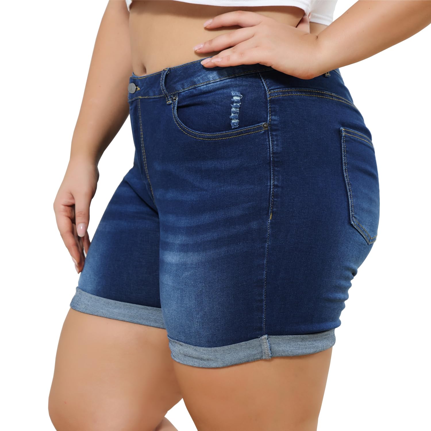 Plus Size Women's Ripped Denim Jean Shorts - High Waisted Stretchy Folded Hem Shorts for Summer | Casual Outfit, Beach Wear, Street Style Fashion