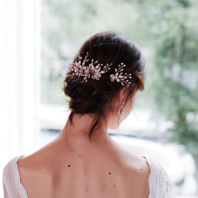 Rose Gold Flower Hair Comb Set - Wedding Bridal Hair Accessories for Brides & Bridesmaids