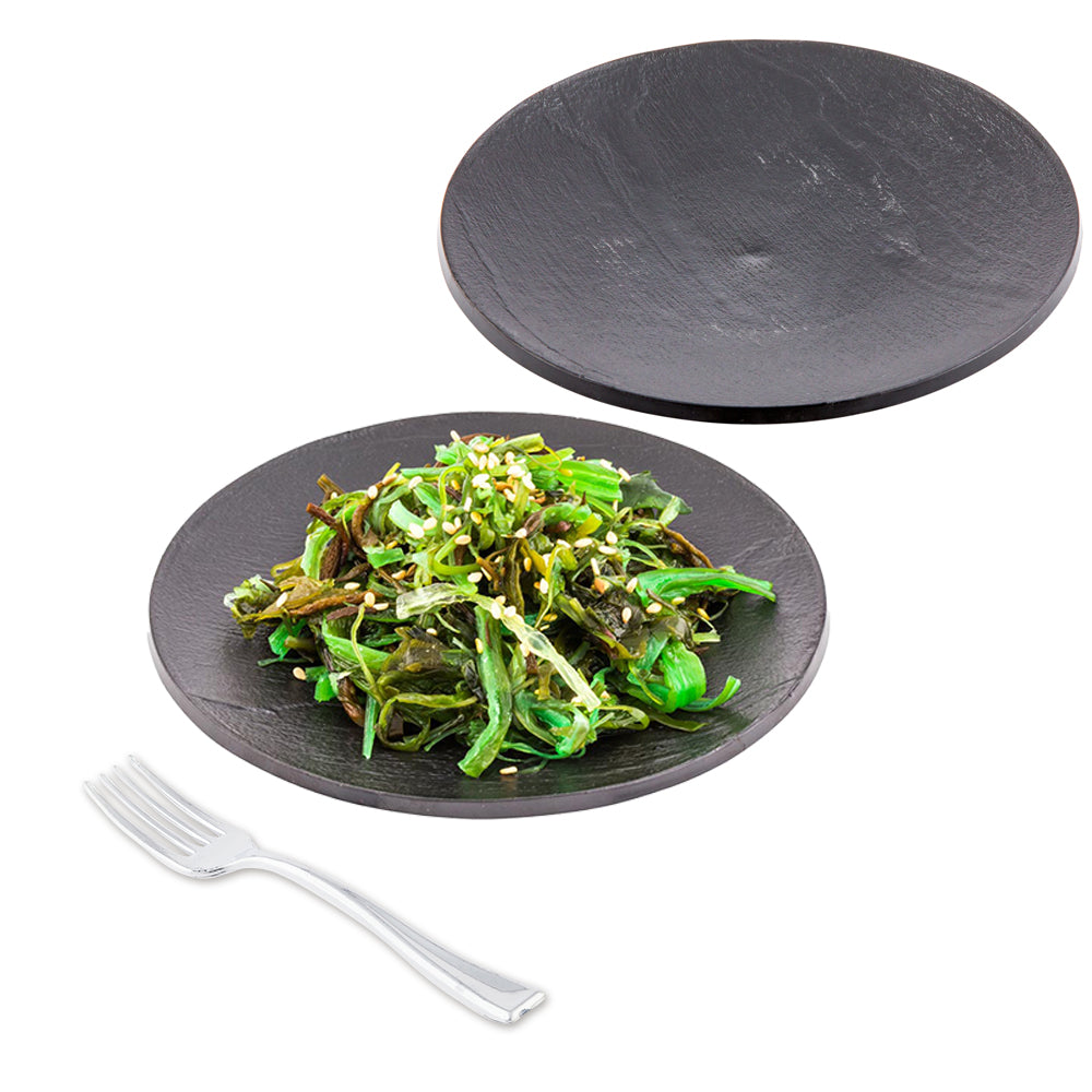 100-Pack Black 5-Inch Plastic Dessert Plates & 100 Silver 4-Inch Mini Forks Set - Perfect for Birthday Parties, Baby Showers, and Picnics