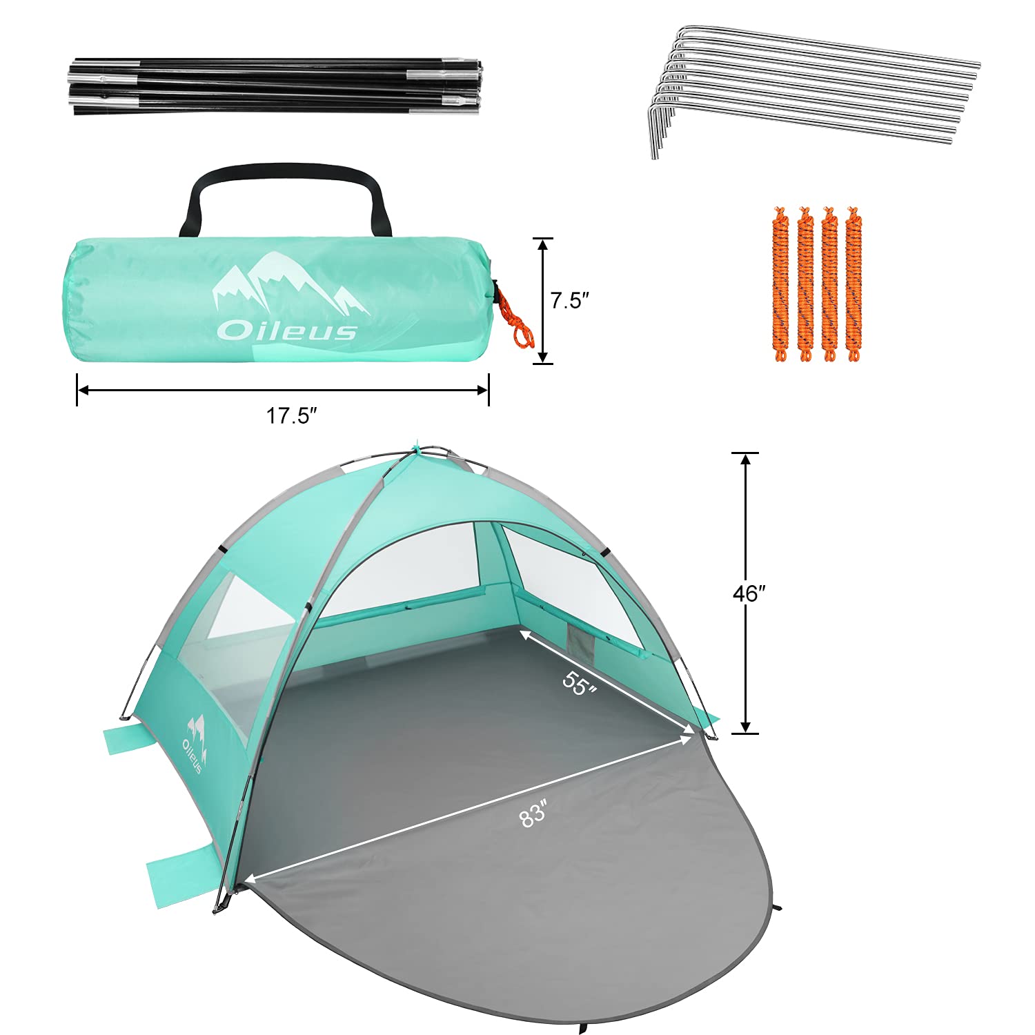 **Oileus 2-3 Person Beach Tent – Portable Sun Shelter with UV Protection, Ventilated Floor & Roll-Up Windows – Includes Carrying Bag, Stakes & Sand Pockets – Perfect for Fishing, Hiking, Camping & Beach Outings – Light Green**