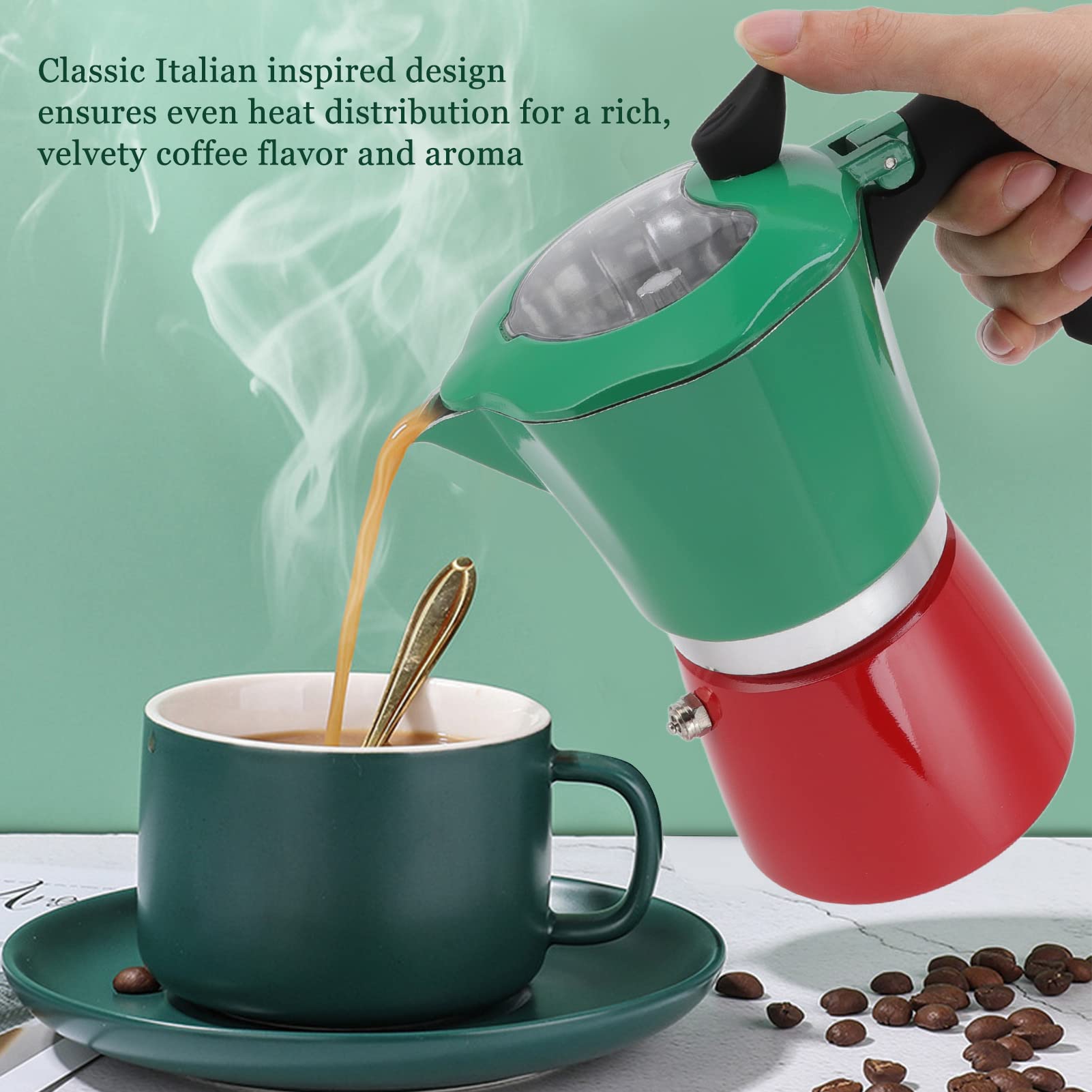 Classic Stovetop Espresso Maker - 300ML Travel Coffee Pot for Espresso & Brewing (Green/Red, No.6) - Perfect for Camping, Home & Office Use