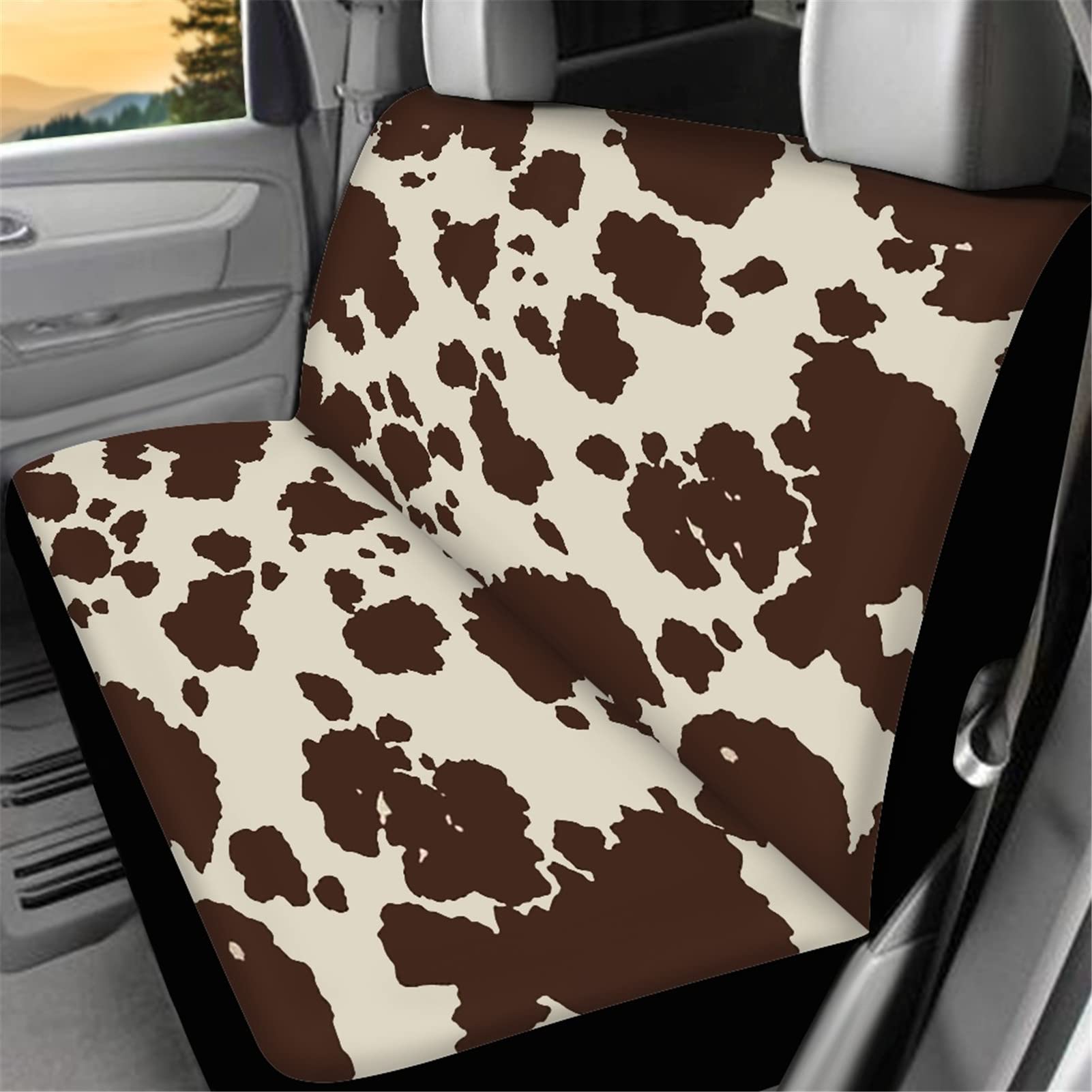 Premium Cowhide Print Car Seat Cover - Universal Fit for Cars, Trucks, Vans & SUVs - Durable Polyester Fabric with Full Wrap Protection - Dustproof & Scratch Resistant - Perfect for Family Road Trips, Pet Owners & Daily Commute (Brown)