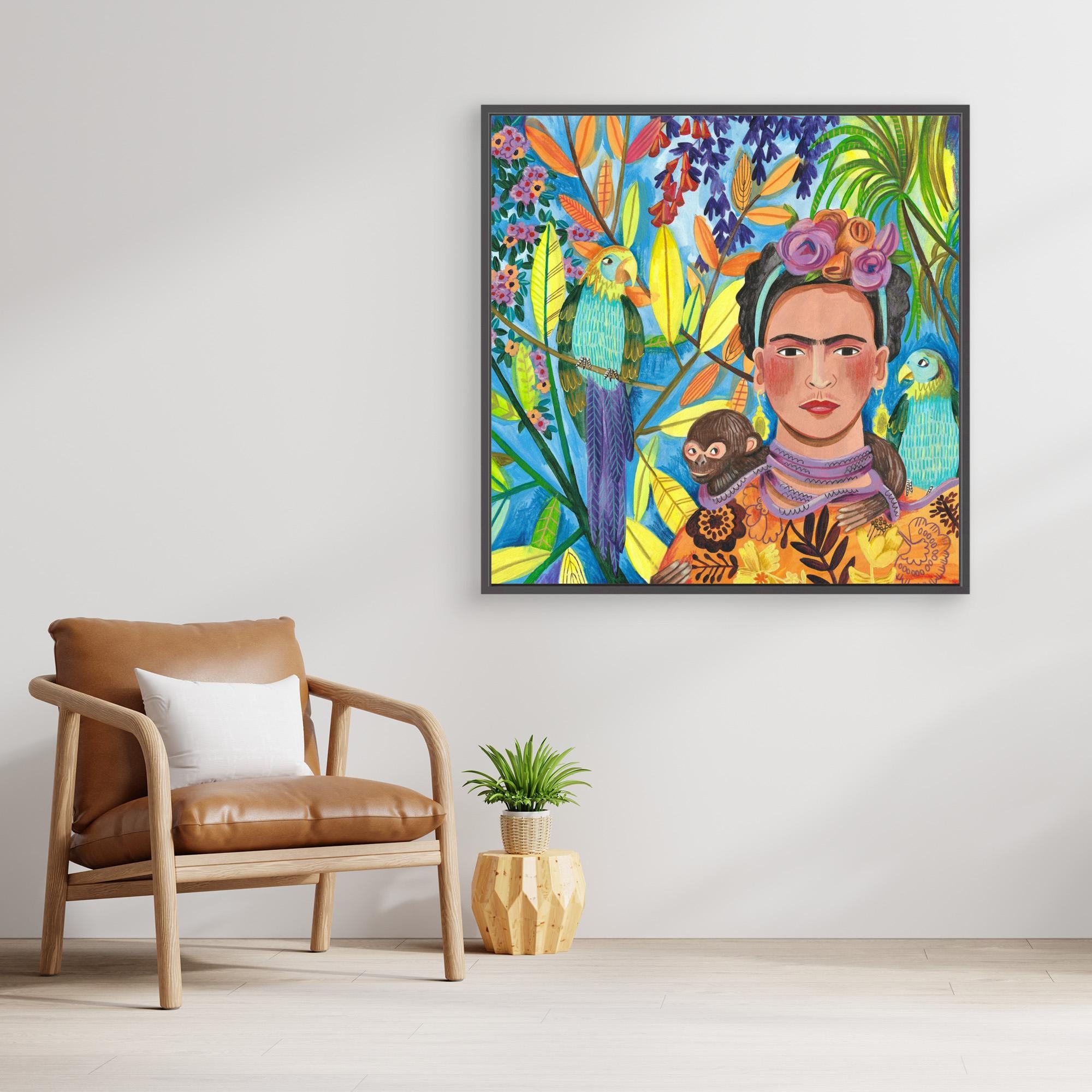 Frida and Her Parrots Canvas Print by Caroline Bonne Müller - Vibrant Wall Art for Living Room, Bedroom & Office Decor