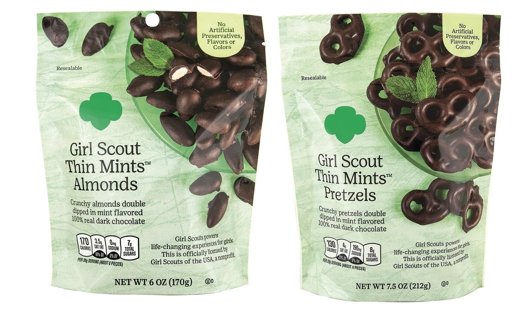 Girl Scout Thin Mints Christmas Cookies Bundle - Almond Cookies (6 oz) & Chocolate Covered Pretzels (7.5 oz) | Holiday Gift, Party Snacks, Office Treats