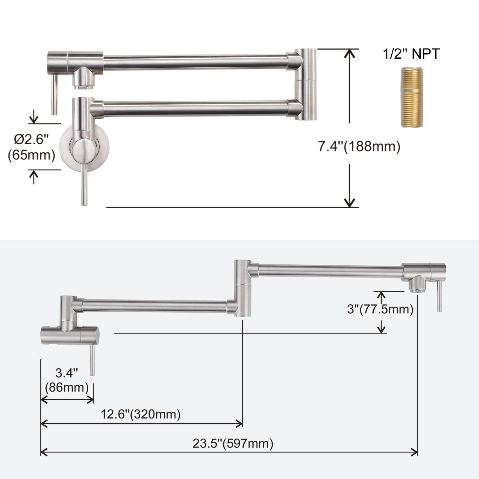 ALEASHA Brushed Nickel Wall Mount Pot Filler Faucet - Retractable Single Hole Kitchen Faucet with Dual Handles for Stove & Cooking Area | Ideal for Pasta Making, Soup Cooking, Large Pot Filling & Professional Kitchen Use