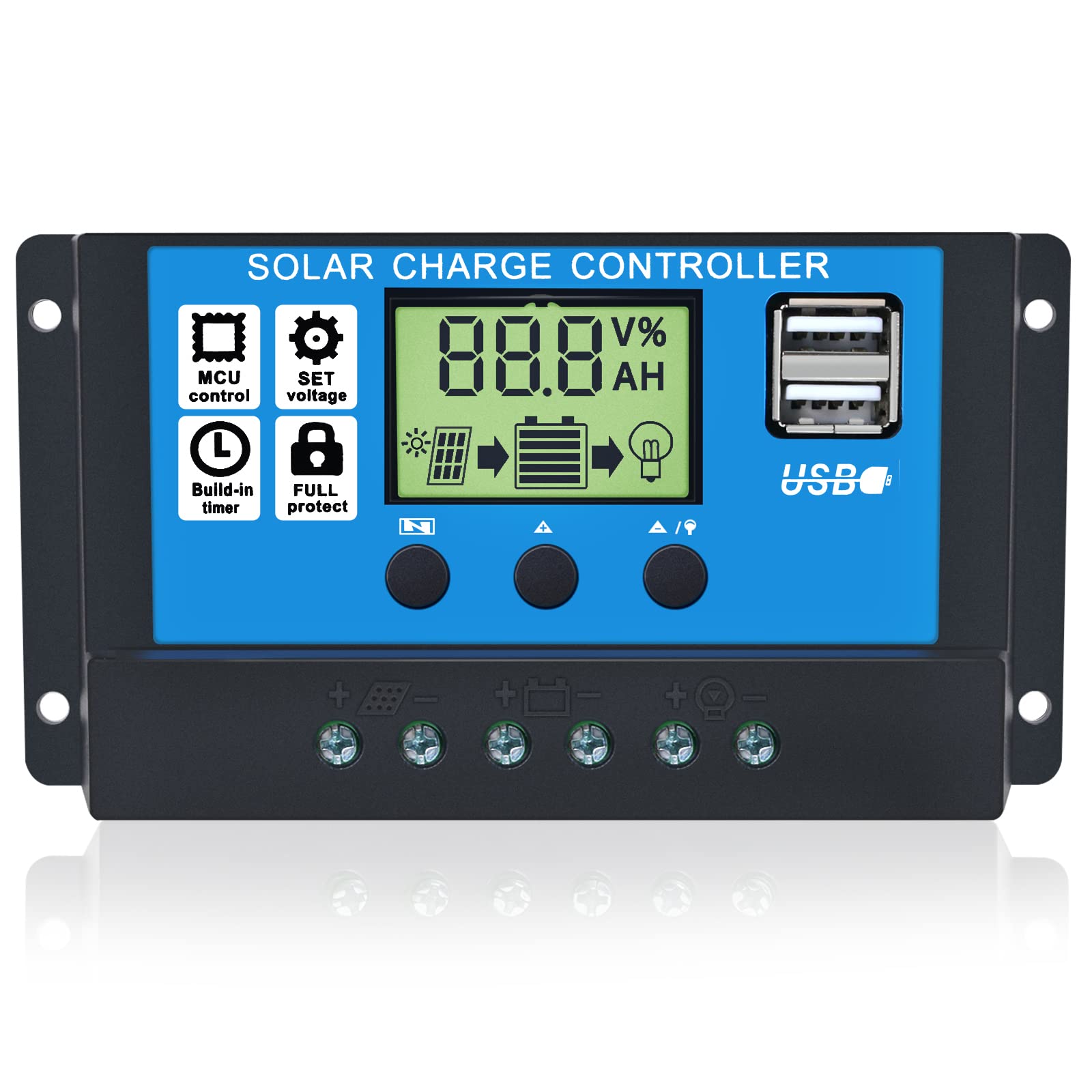 10A PWM Solar Charge Controller with LCD Display & Dual USB Ports - 12V/24V Auto for Solar Panels, Batteries - Perfect for Small Solar Systems, RVs, Boats & Off-Grid Power