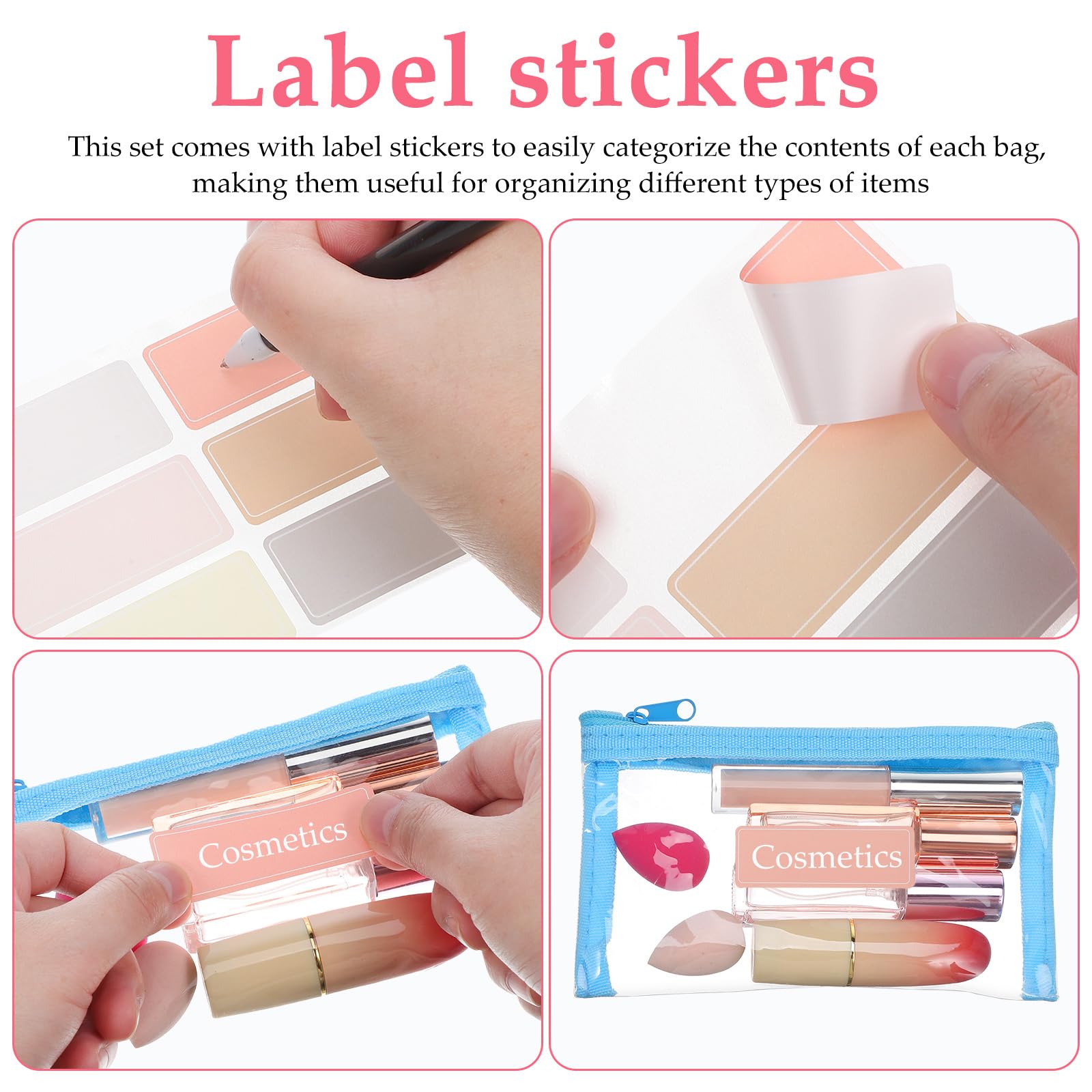 VALICLUD 5-Piece Clear Makeup Organizer Set - Transparent Cosmetic Bags, Toiletry Pouches & Pencil Cases with Label Stickers - Perfect for Travel, School, Office & Daily Essentials Storage