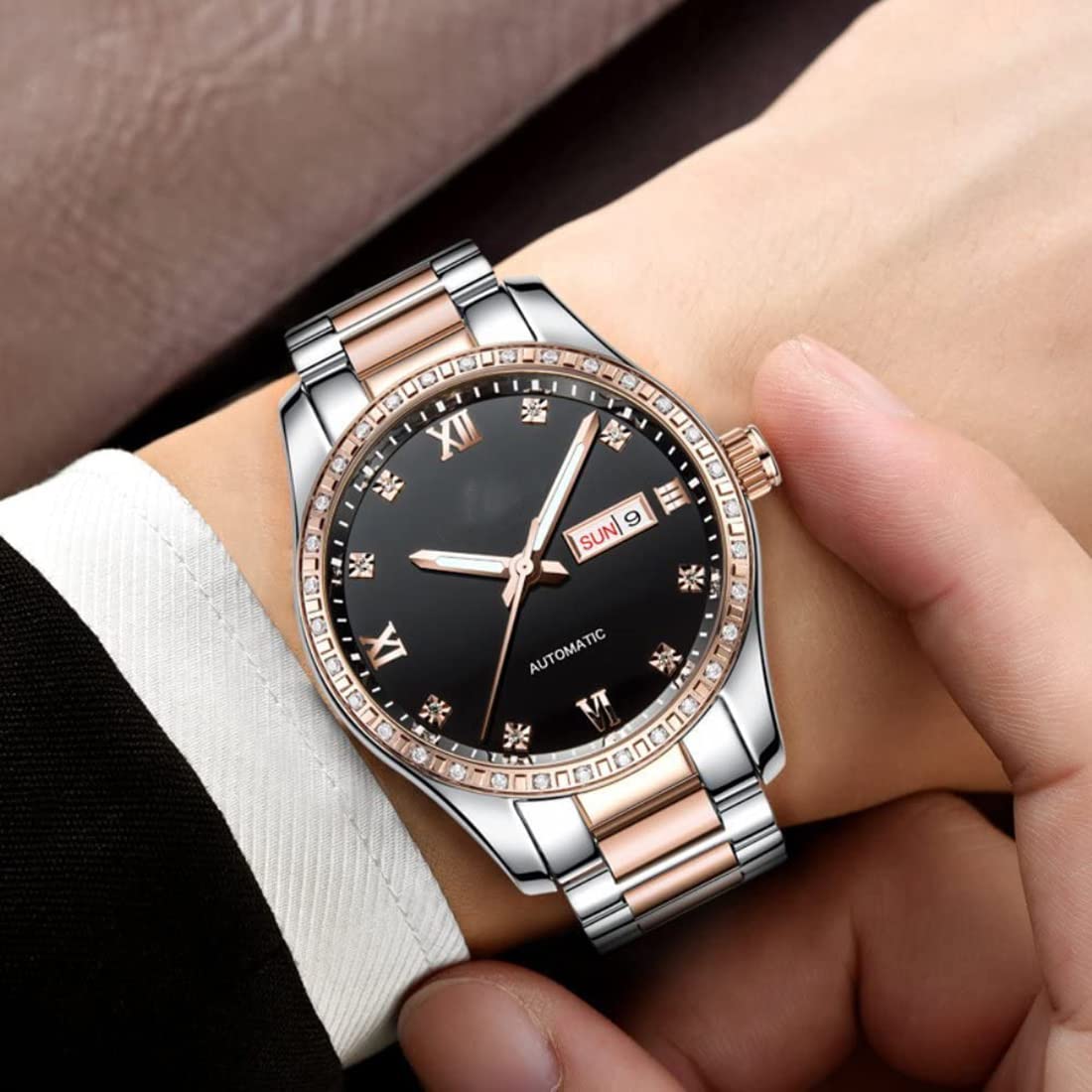 Automatic Self-Winding Couple Watches Set - Luxury Stainless Steel His & Hers Matching Watches with Calendar Date Display - Perfect Anniversary, Wedding, and Valentine's Day Gifts for Couples