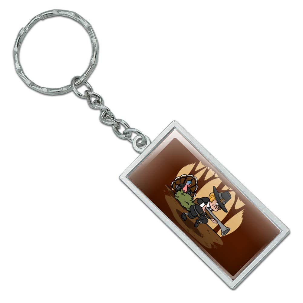 Chrome Plated Metal Pilgrim Turkey Thanksgiving Hunting Rectangle Keychain - Perfect for Gifts, Souvenirs & Outdoor Enthusiasts