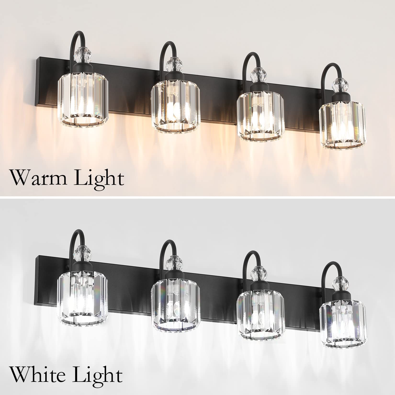 Ralbay Modern Black 4-Light Crystal Vanity Lights for Bathroom - Matte Black Wall Sconce with Crystal Accents - Perfect for Bathroom, Dressing Room & Bedroom Lighting