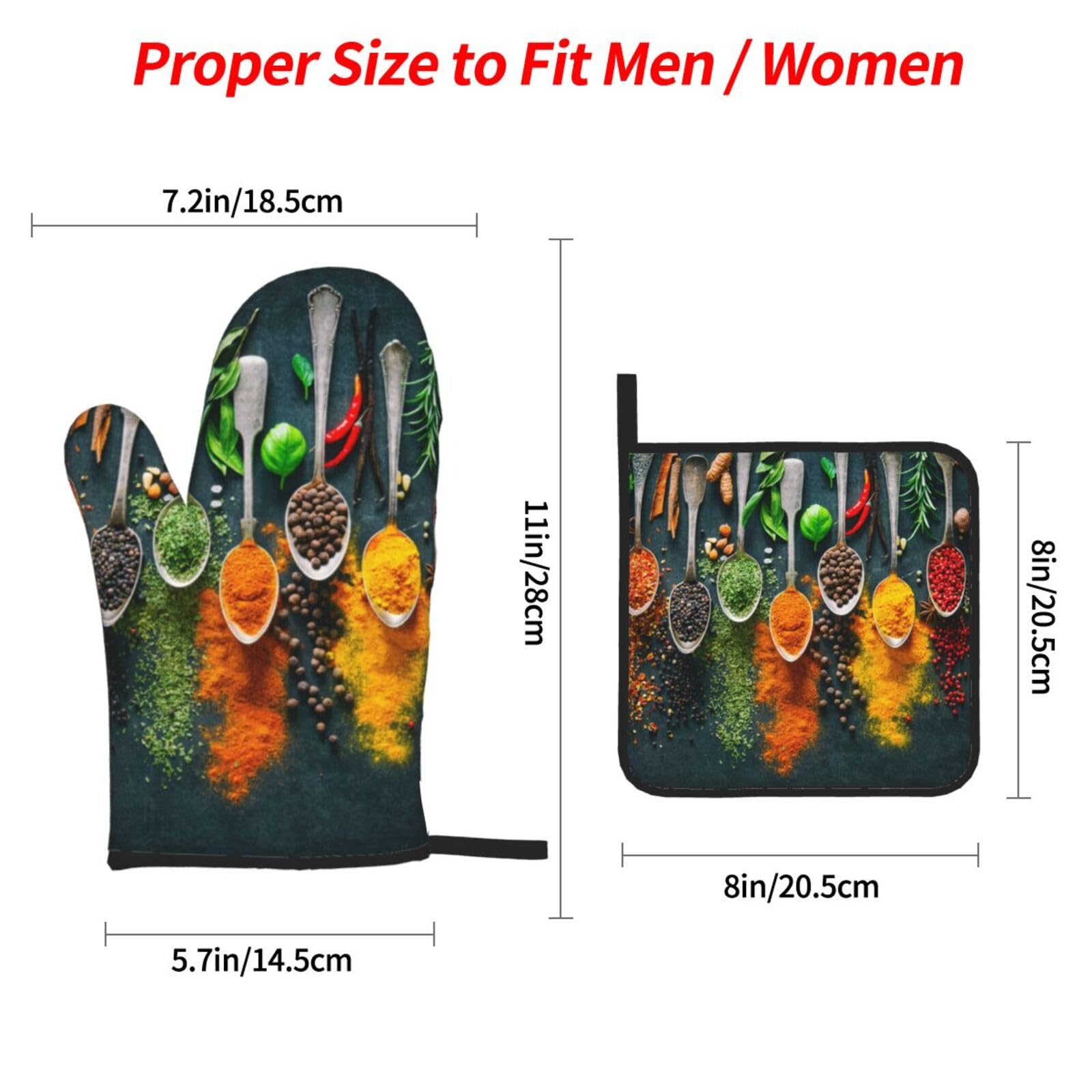 Heat-Resistant Oven Mitts and Pot Holders Set (500°F) - 4-Pack Kitchen Gloves for Baking, Cooking, BBQ & Grilling - Non-Slip, Surface-Safe Condiment & Spice Print Design