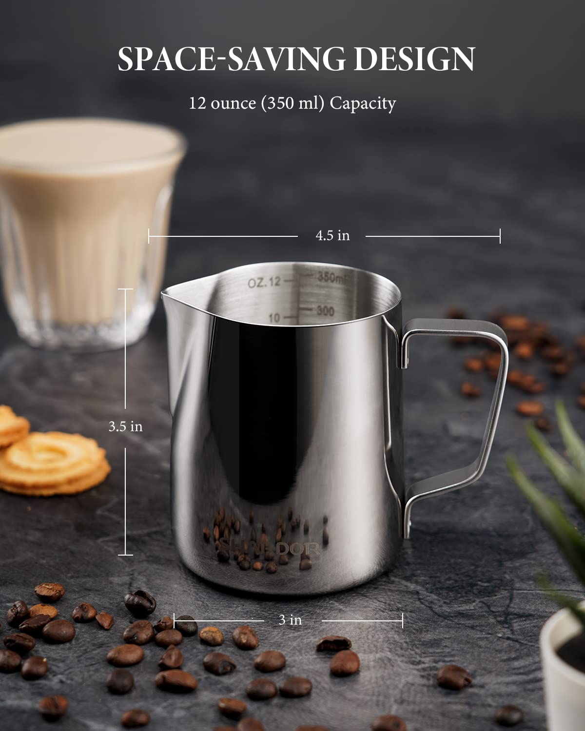 SHARDOR 12oz/350ml Stainless Steel Milk Frothing Pitcher - Barista Espresso Frother Cup for Latte Art, Cappuccino & Coffee - Perfect for Home & Cafe Use