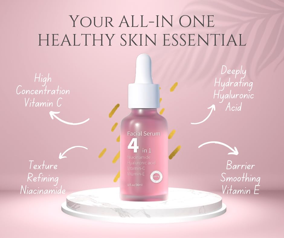 4-in-1 Premium Facial Serum with Vitamin C, Hyaluronic Acid, Niacinamide & Vitamin E - Dark Spot Corrector, Anti-Aging, Hydration for Fine Lines, Wrinkles & Acne Marks - 1oz - Perfect for Daily Skincare Routine & Nighttime Treatment