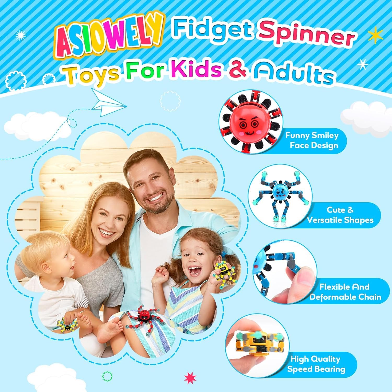 8-Pack Transformable Fidget Spinner Toys for Kids & Adults - Stress Relief Sensory Toys for Autism, ADHD & Anxiety - Perfect Easter Basket Stuffers, Birthday Gifts for Boys & Girls - Travel Games for Car, Office & Classroom Use